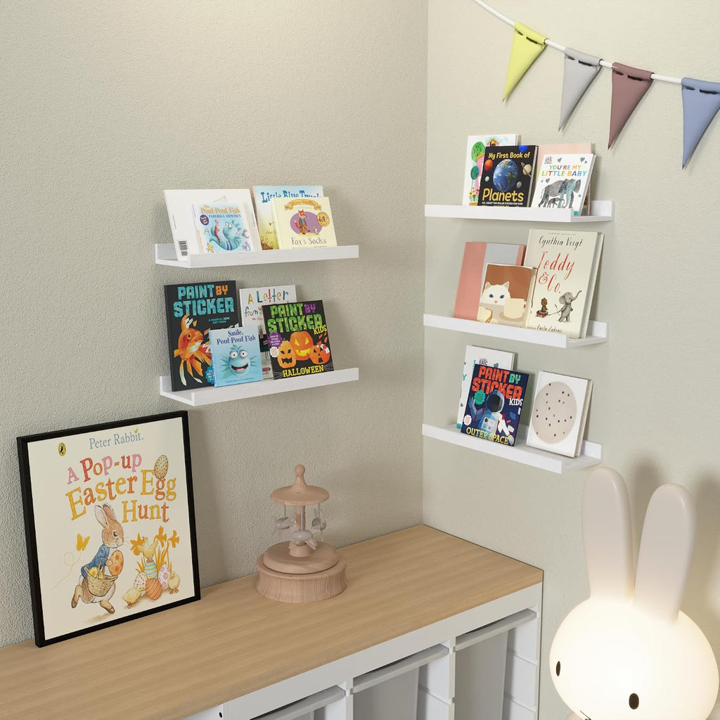 DOLLFIO Floating Shelves Set of 5, White Wall Shelves with Lip, Display Shelves for Wall Decor, Modern Picture Ledge for Living Room, Bedroom, Nursery, Bathroom, Pictures, Books, Plants- White