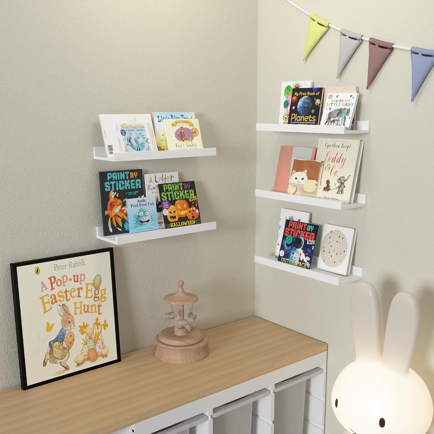 DOLLFIO Floating Shelves Set of 5, White Wall Shelves with Lip, Display Shelves for Wall Decor, Modern Picture Ledge for Living Room, Bedroom, Nursery, Bathroom, Pictures, Books, Plants- White