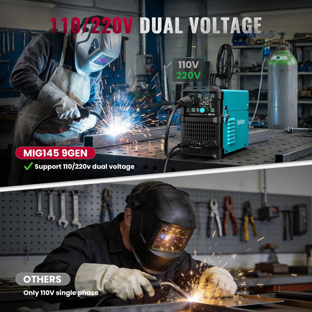 Bestarc 145A MIG Welder, 110V 220V 4 in 1 Gas/Flux Core MIG/Lift TIG/Stick Welder Machine, Large LED Display Welding Machine, IGBT Inverter Welder MIG145 Soild Gasless Synergy MIG Welder