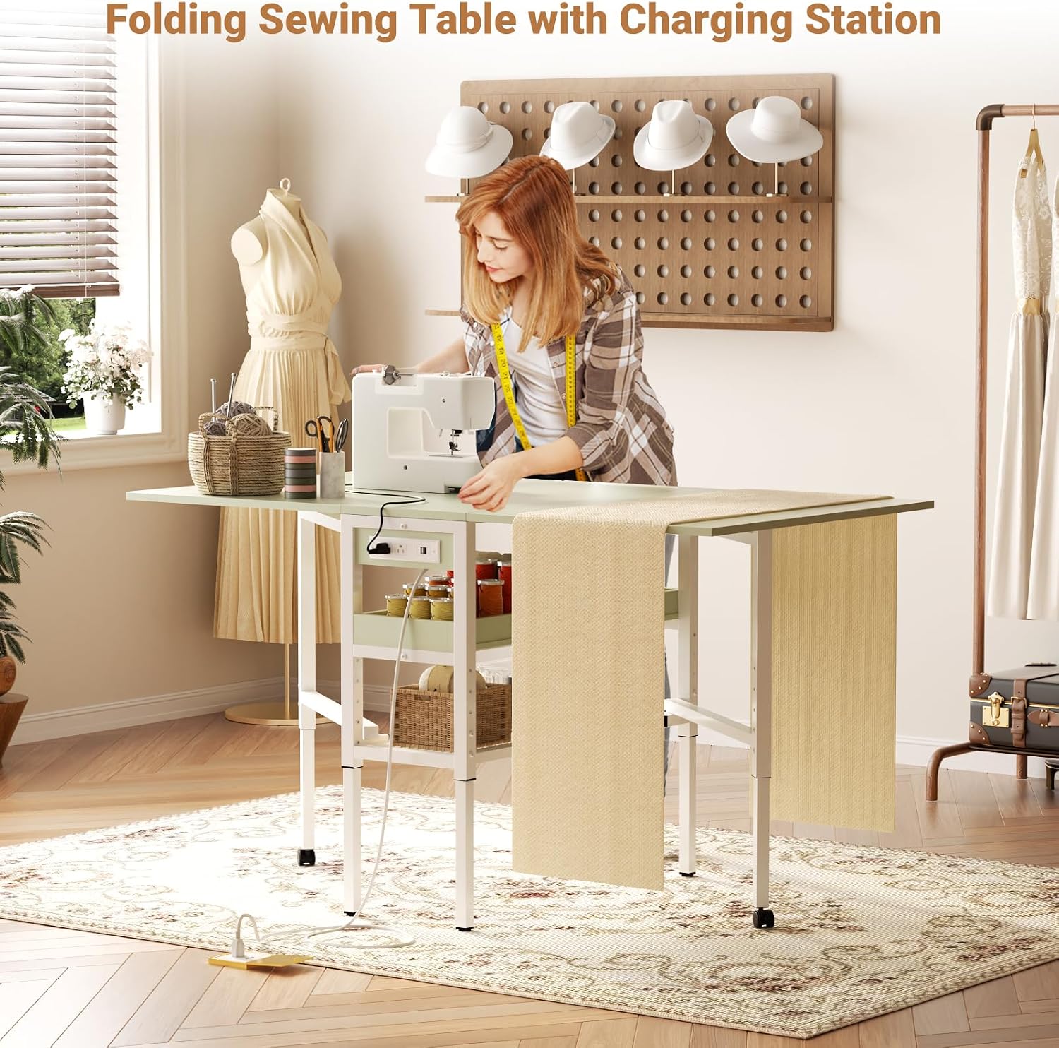 Besiost Folding Sewing Cutting Table with Charging Station, Height Adjustable Craft Table with Storage, 50" Foldable Fabric Cutting Tables for Sewing Room Craft Room, Cyan