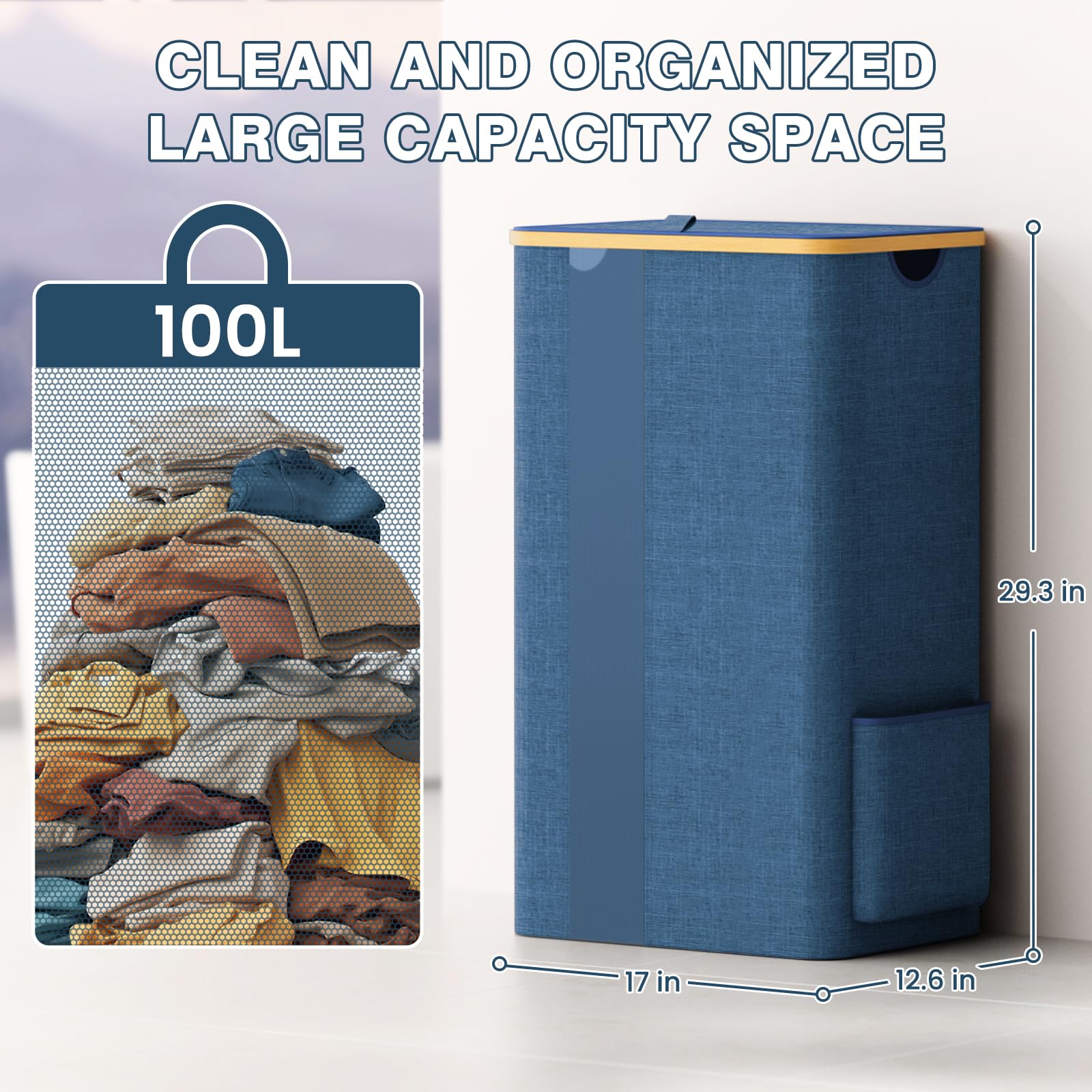 BlissTotes Laundry Basket with Lid, 100L Clothes Laundry Hamper with Handles and Removable Laundry Bag, Breathable Design Hamper with Lid for Bedroom, Bathroom, Dorm, Laundry Room - Beige