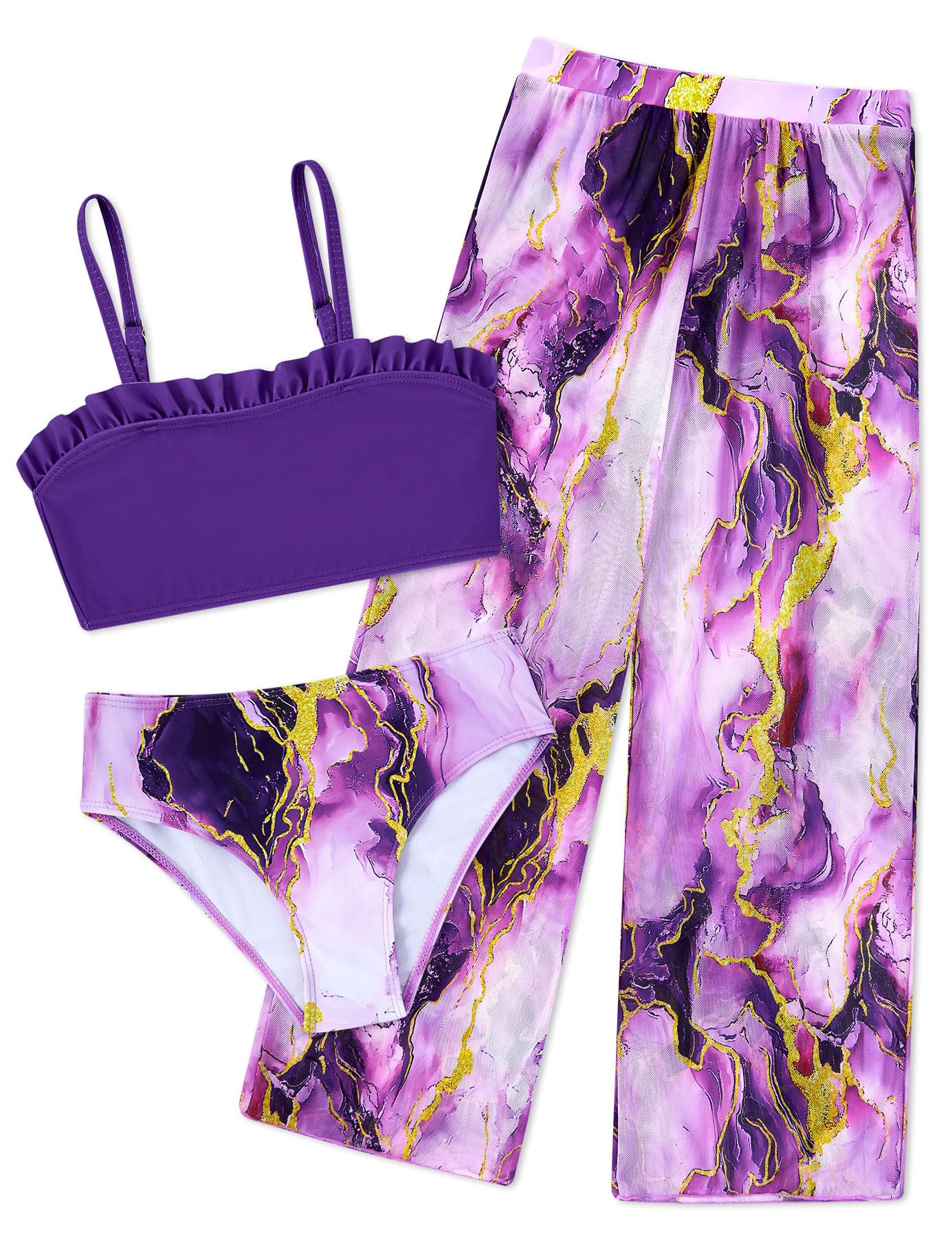 Vogseek 6-16T Girls 3 Pieces Bikini Bathing Suit with Rash Guard Pants Quick Dry Swimwear Cover-Up Sets