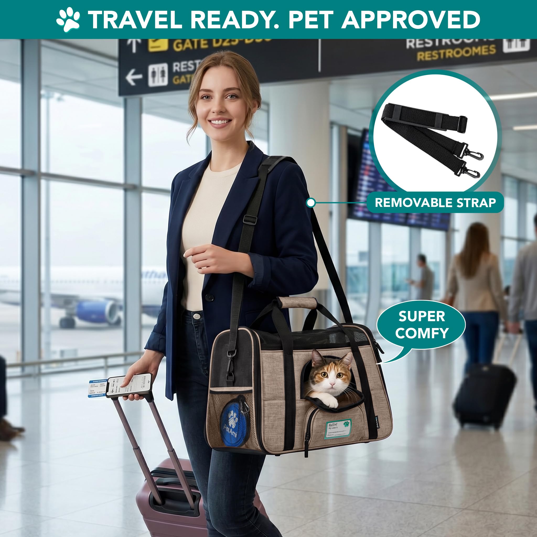 PetAmi Airline Approved Pet Carrier for Cats & Small Dogs, Soft Sided TSA Travel Carrier Bag with Sherpa Bed, Breathable Mesh Ventilation, Collapsible Bowl, Fits Under Seat, Up to 18 lbs, Small Black