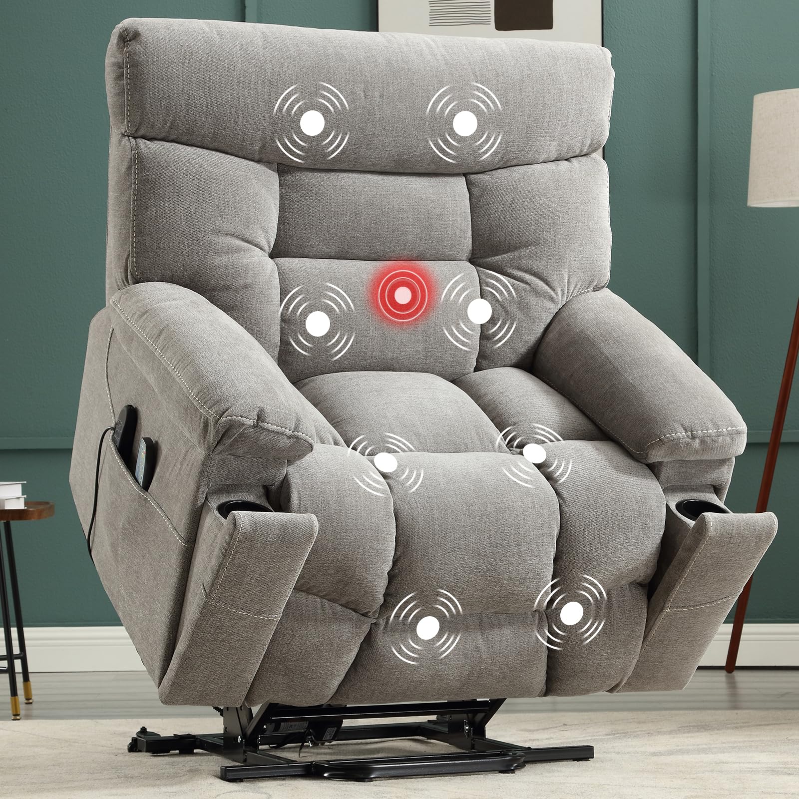 CANMOV Dual Motor Power Lift Recliner Chair for Elderly, 27" Extra-Wide Seat 450 lbs Weight Capacity Infinite Position Adjustment, with Heated Massage, Cup Holders and USB Port, Camel Fabric