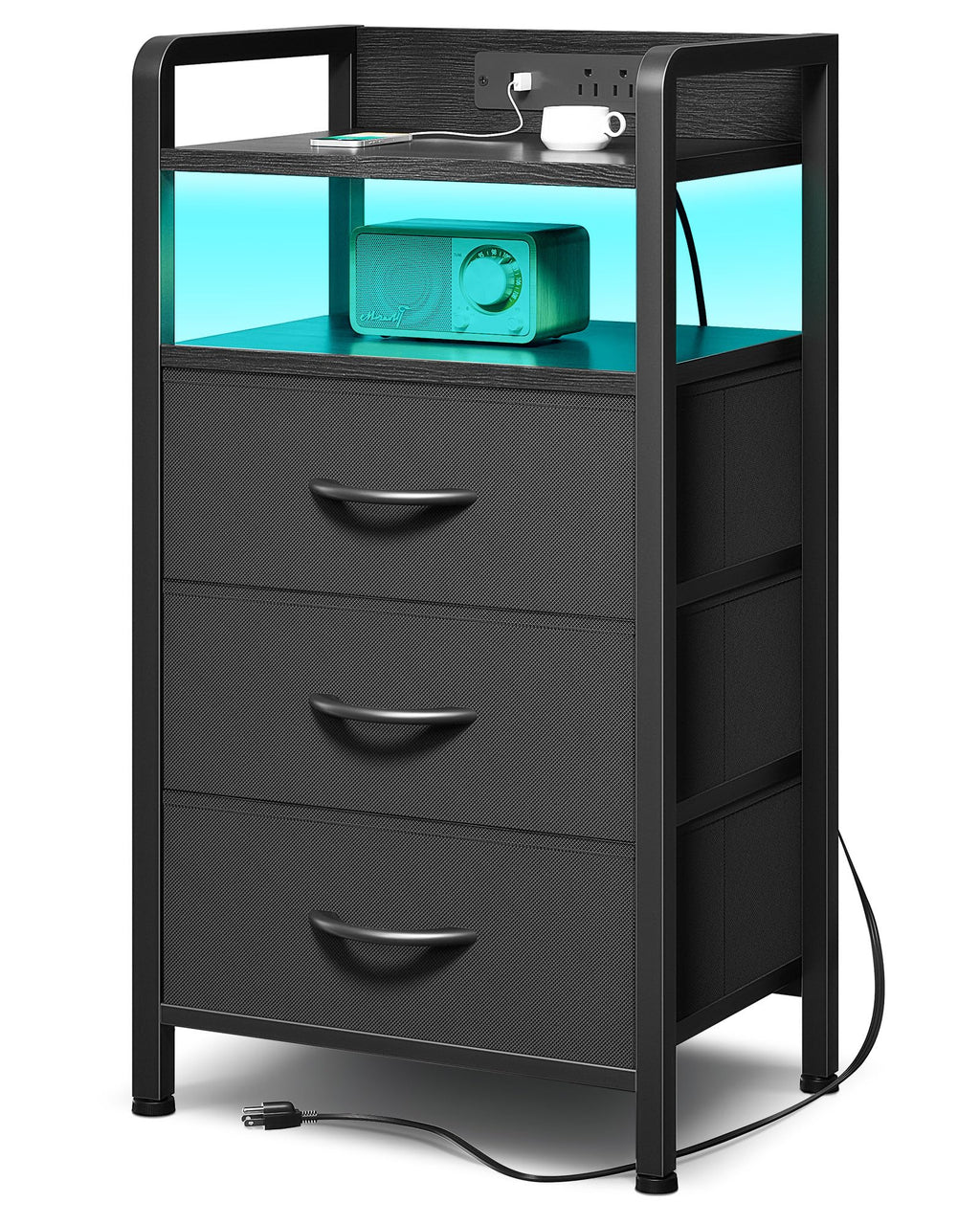 Lazzanto Night Stand Bedside Charger Bedroom - Nightstand with Charging Station & LED Light Strip, Night Stand with Storage Shelf & 2 Fabric Drawers, Morden End Table with U-S-B Ports & AC Outlets