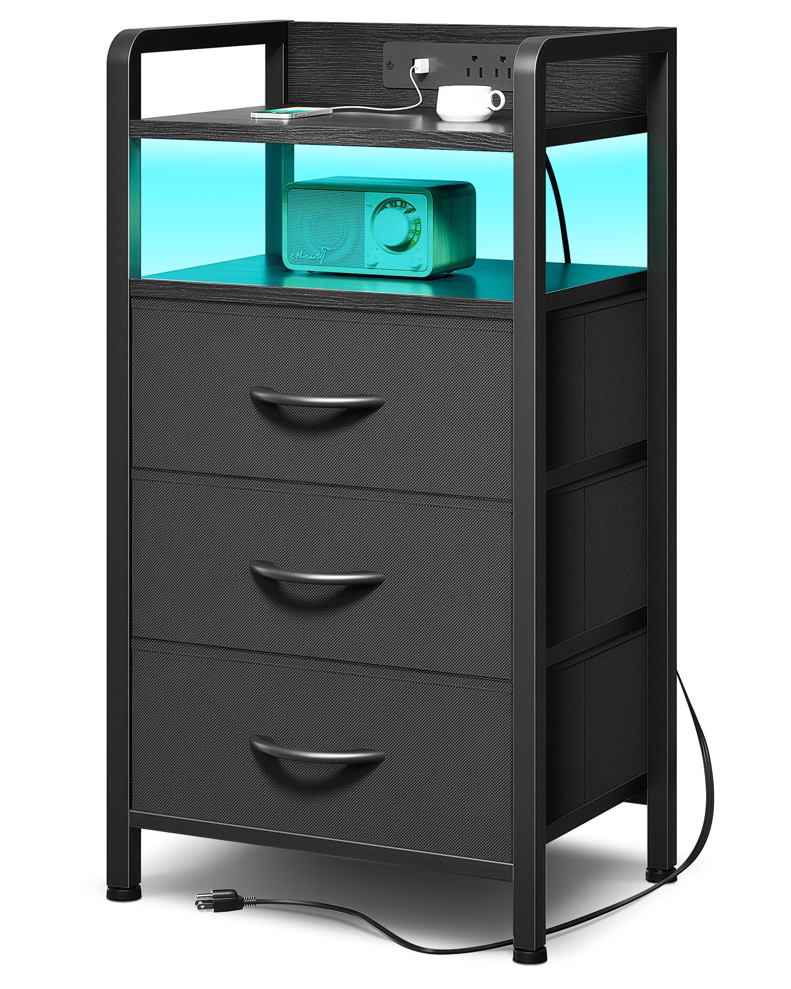 Lazzanto Night Stand Bedside Charger Bedroom - Nightstand with Charging Station & LED Light Strip, Night Stand with Storage Shelf & 2 Fabric Drawers, Morden End Table with U-S-B Ports & AC Outlets