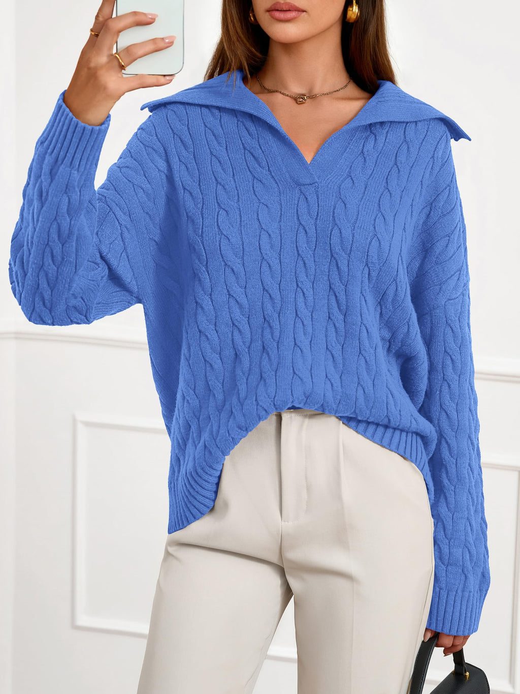 PRETTYGARDEN Spring Cable Knit Oversized Sweaters for Women 2026 Polo V Neck Long Sleeve Casual Chunky Sweater Pullover Tops
