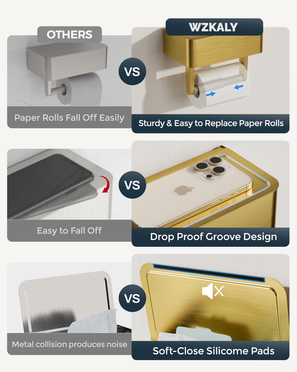 Toilet Paper Holder with Shelf, Wipes Holder for Bathroom, Flushable Wipes Dispenser, Stainless Steel Toilet Paper Roll Holder with Storage for Wet Wipes Wall Mounted (Gold, Regular Roll)