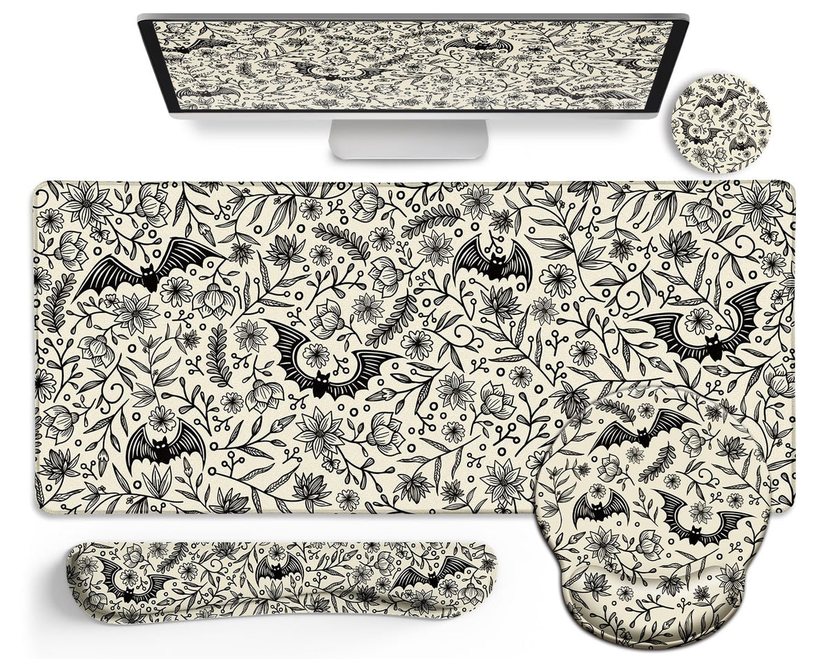 Black Striped Ergonomic Large Desk Mat Set with Wrist Rest