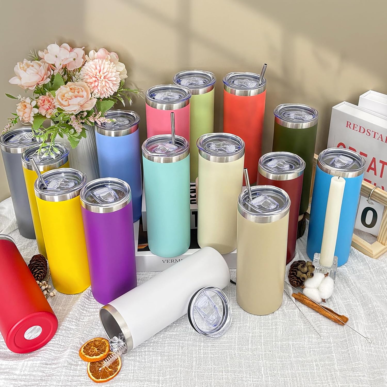 YOUKE OLA 16 Pack Stainless Steel Skinny Tumblers Bulk Straight Double Wall Powder Coated Insulated Tumbler with Lid and Straw for Laser Engrave, DIY Gift, 20oz Mix Colors