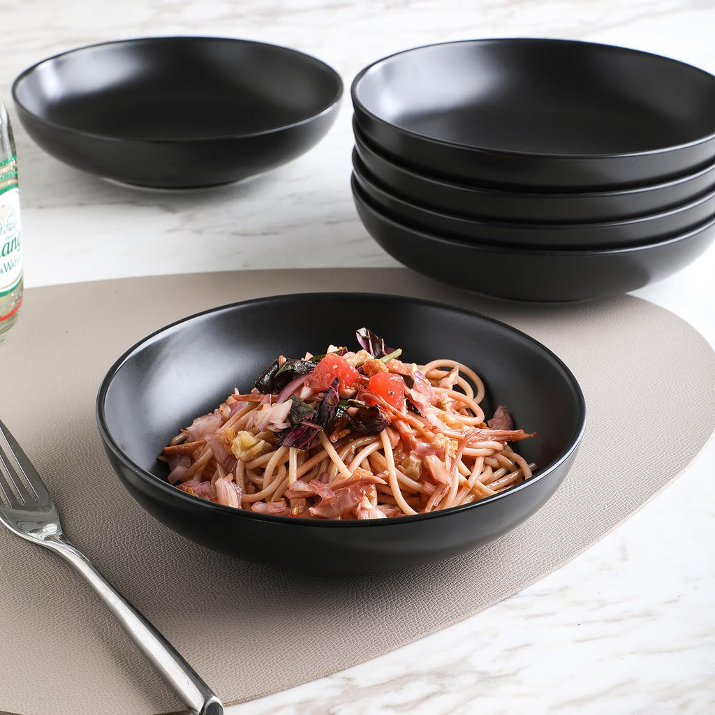 Selamica Ceramic 7.8 inch pasta bowls, 26 Ounce large serving porcelain salad soup bowls, dishwasher microwave safe, set of 6 (Black)