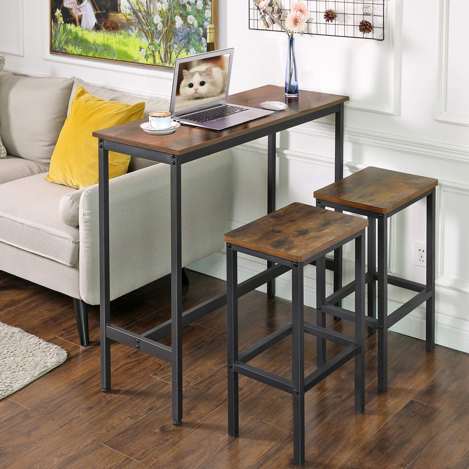 VASAGLE Bar Table, Kitchen Dining Table, High Top Pub Table, Bar Height Cocktail Table for Living Room Party, Sturdy Metal, 15.7 x 39.4 x 35.4 Inches for Narrow Spaces, Ebony Black and Ink Black