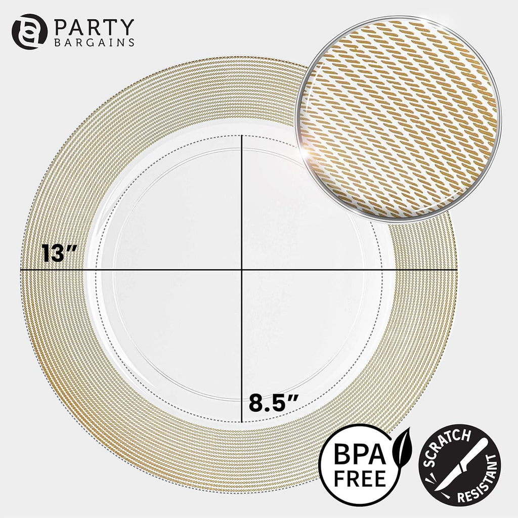 PARTY BARGAINS 13-Inch Charger Plates - 96 Pack, Clear Gold Rim, Heavy-Duty Disposable Chargers for Elegant Dining - Ideal for Weddings and Formal Events
