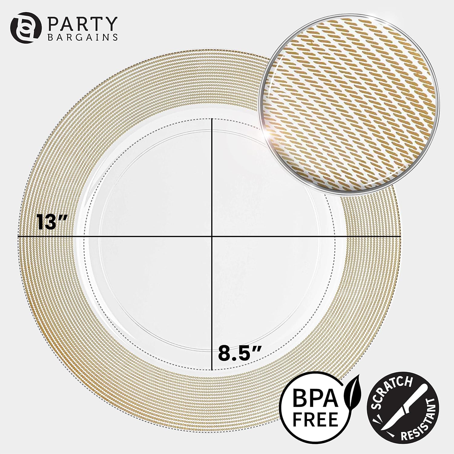 PARTY BARGAINS 13-Inch Charger Plates - 96 Pack, Clear Gold Rim, Heavy-Duty Disposable Chargers for Elegant Dining - Ideal for Weddings and Formal Events