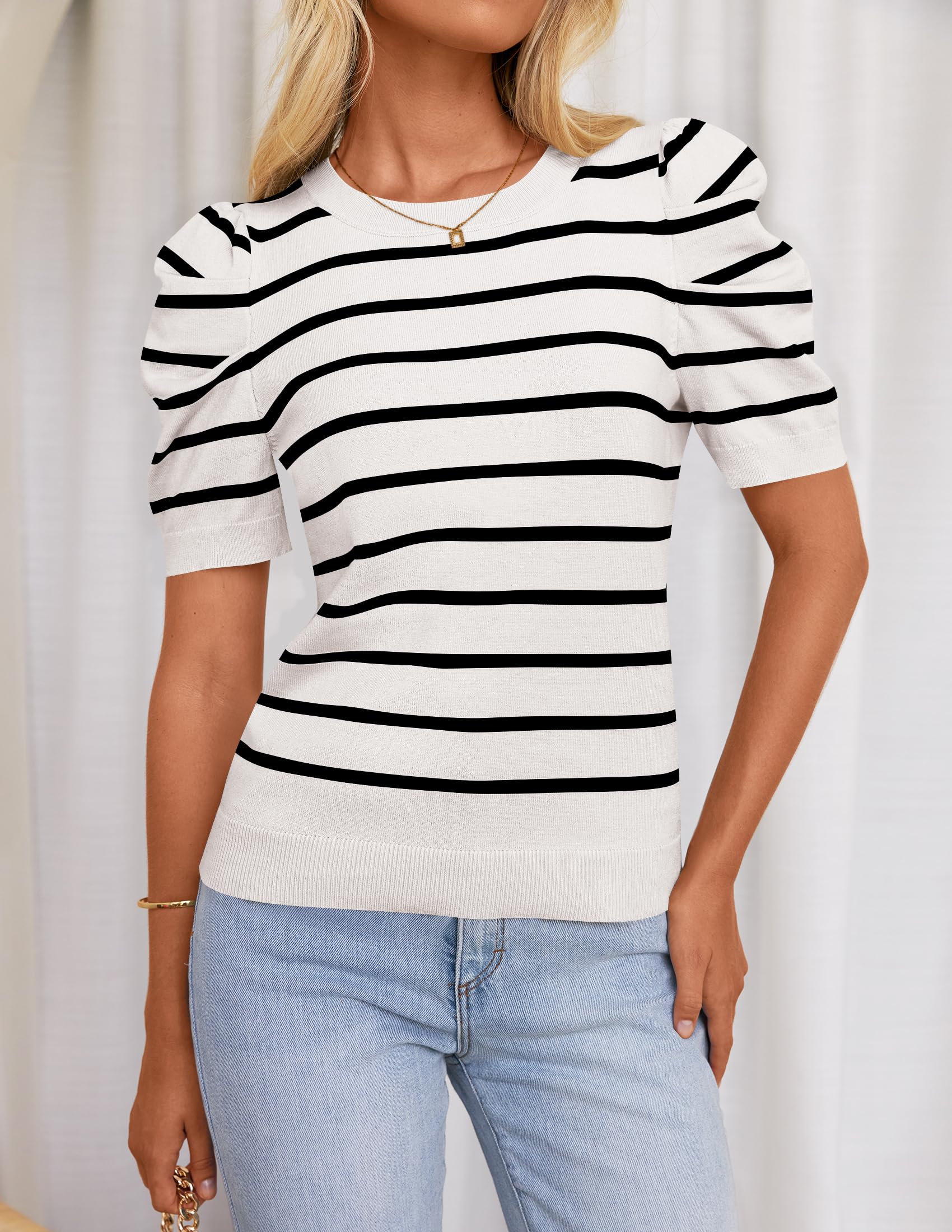 HAEOF Women's Striped Puff Short Sleeve Spring Tops 2026 Summer T Shirts Lightweight Sweater Dressy Casual Cute Work Blouses