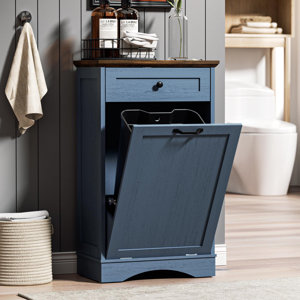 AHB Double Tilt Out Trash Can Cabinet Freestanding Kitchen Trash Can, 2x13 Gallons Hidden Garbage Recycling Cabinet with Hideaway Drawers Pet Proof Trash Can Holder for Kitchen, Antique White