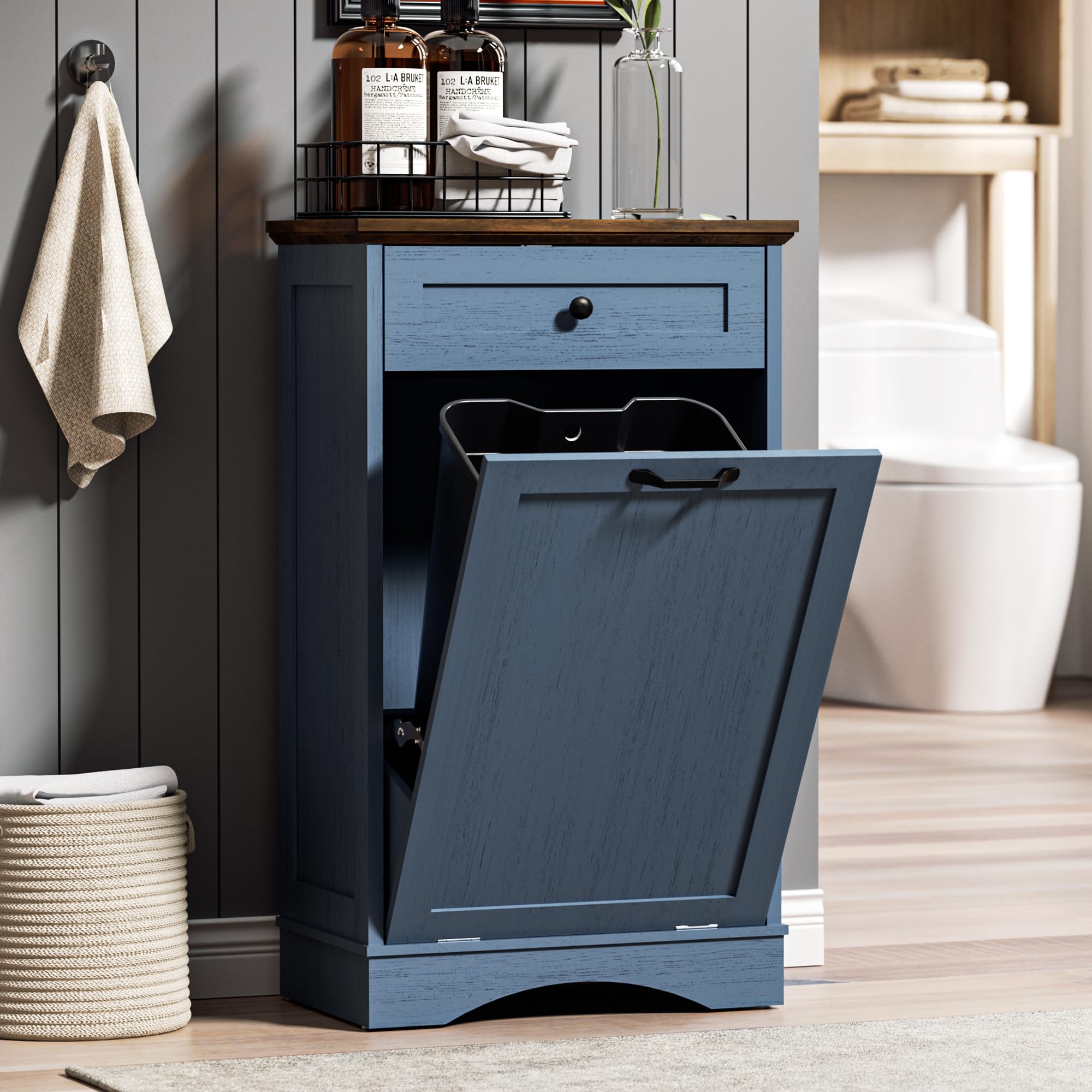 AHB Double Tilt Out Trash Can Cabinet Freestanding Kitchen Trash Can, 2x13 Gallons Hidden Garbage Recycling Cabinet with Hideaway Drawers Pet Proof Trash Can Holder for Kitchen, Antique White