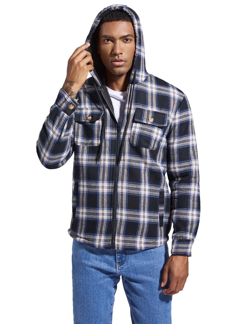 Men's Flannel Plaid Hooded Jackets Full Zip Sherpa Fleece Lined Hoodies Fashion Warm Coat