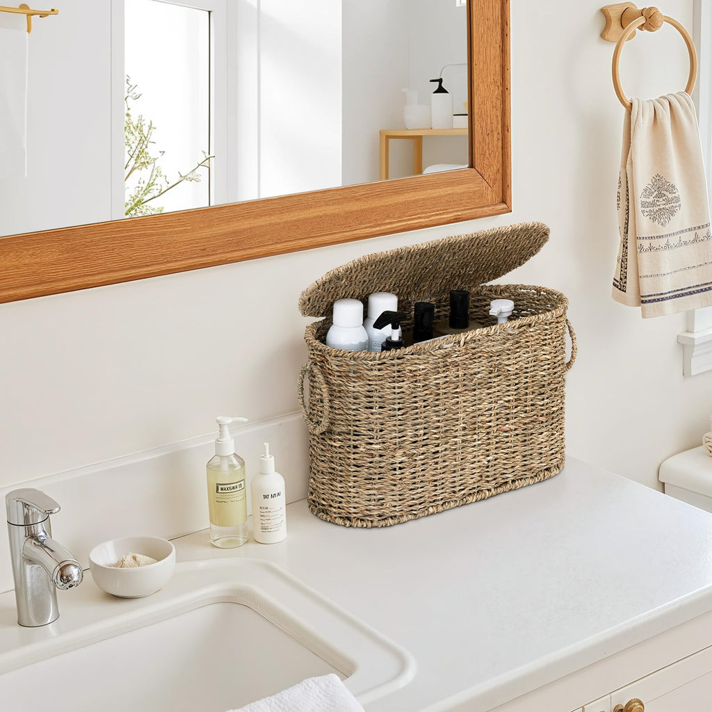 StorageWorks Bathroom Toilet Paper Storage Holder with Lid, Wicker Toilet Paper Basket for 6 Regular Rolls, Slim Basket Organizer with Handles, Water Hyacinth Storage Baskets for Bathroom, Brown