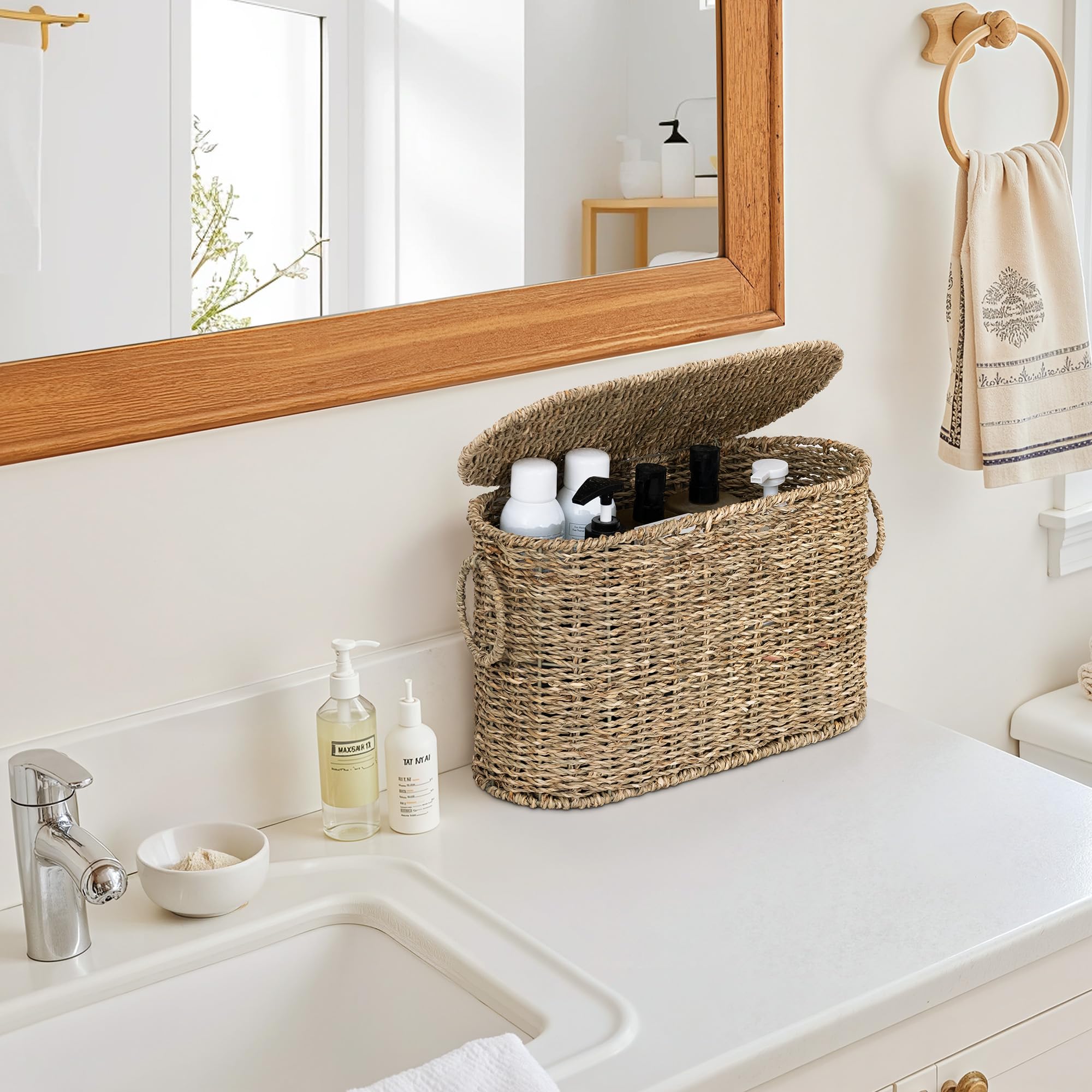 StorageWorks Bathroom Toilet Paper Storage Holder with Lid, Wicker Toilet Paper Basket for 6 Regular Rolls, Slim Basket Organizer with Handles, Water Hyacinth Storage Baskets for Bathroom, Brown