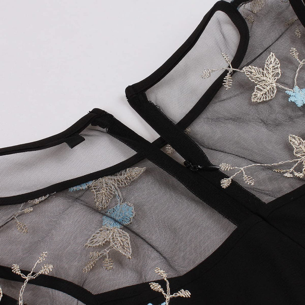 Women Mesh Floral Embroidery Vintage Cocktail Swing Dress Illusion 50s Goth Flared A line Casual Wedding Prom Evening Dress