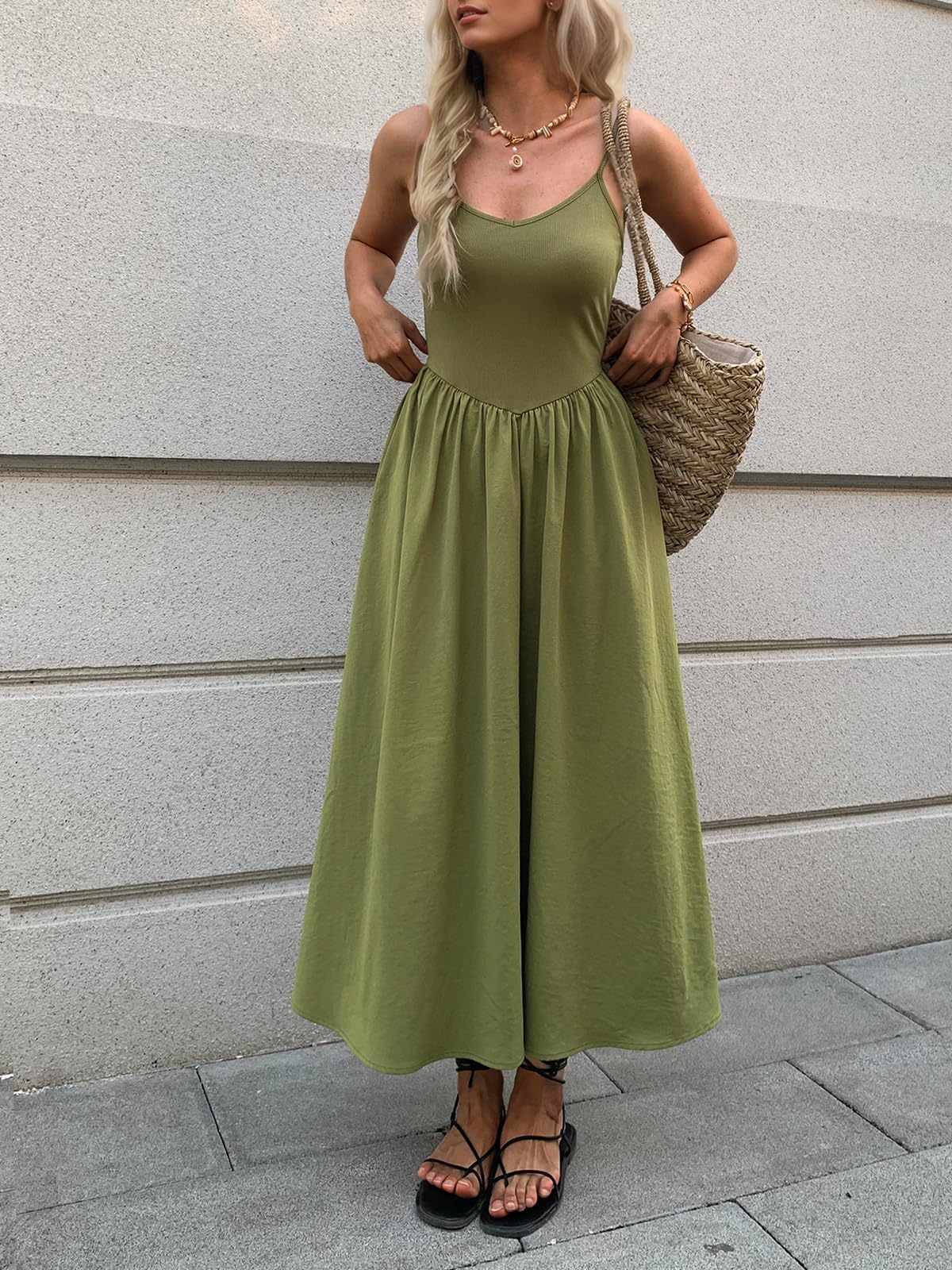Mieazom Women’s Sleeveless V-Neck Maxi Dress with Pockets – Slim Fit Casual Summer Spaghetti Strap Dress for Vacation