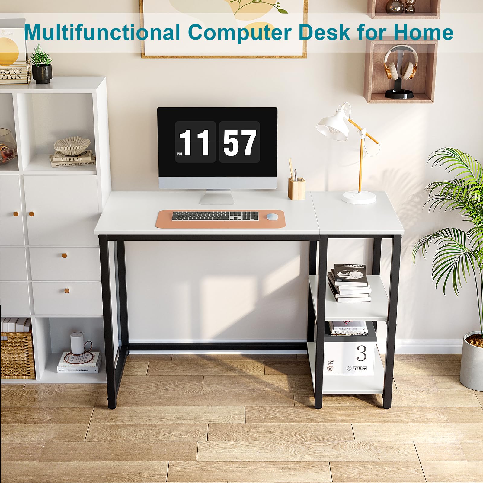 SINPAID 40 Inch Small Gaming Desk with Shelves for Small Spaces, Easy Assembly Study Desk, Sturdy Writing Desk for Bedroom & Home Office, Black