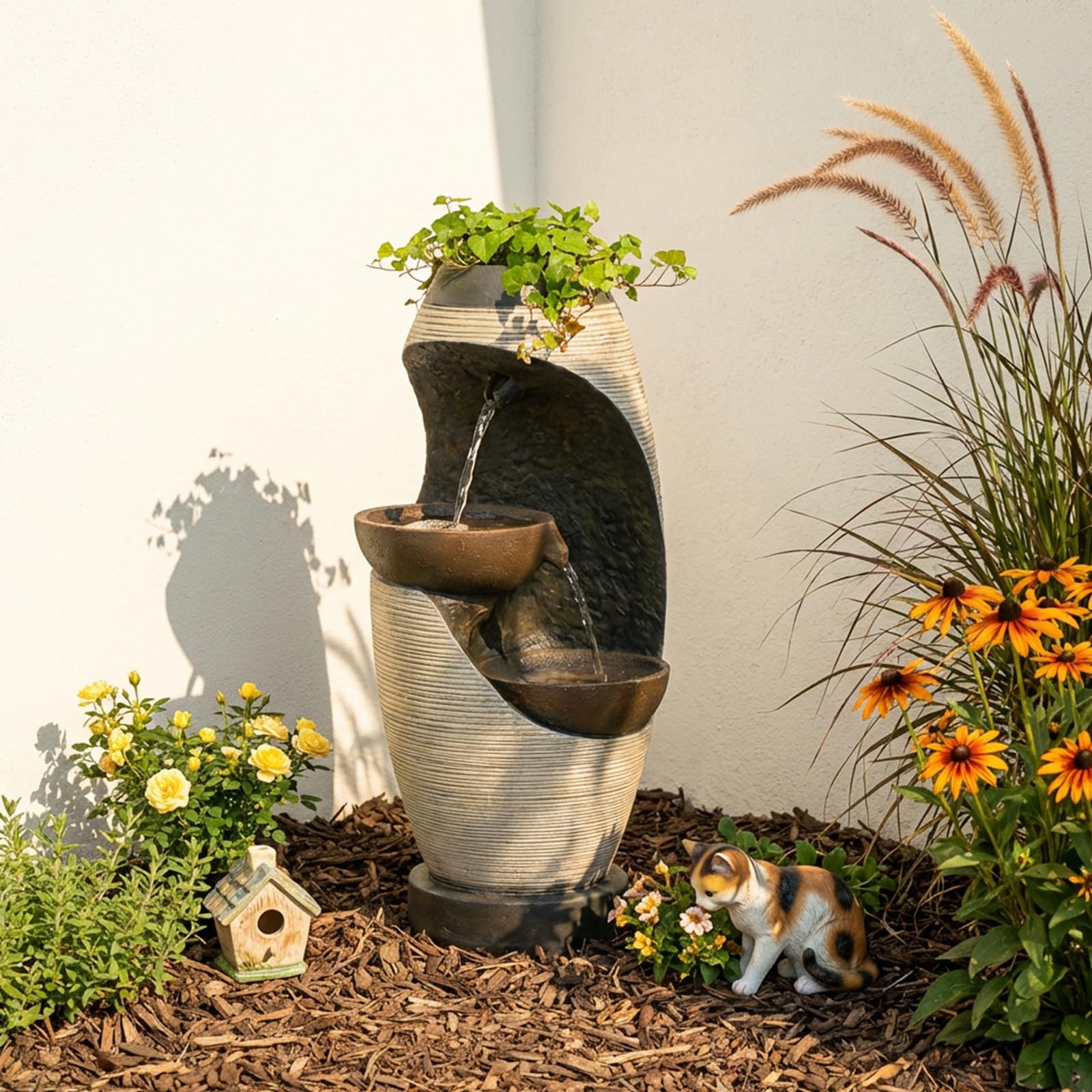 Bumilgar 2-Tier Bowl Water Fountain with LED Lights, 27.95" Tall Freestanding Outdoor & Indoor Garden Waterfall Fountain for Yard, Patio, Backyard, Floor Standing Home Decor