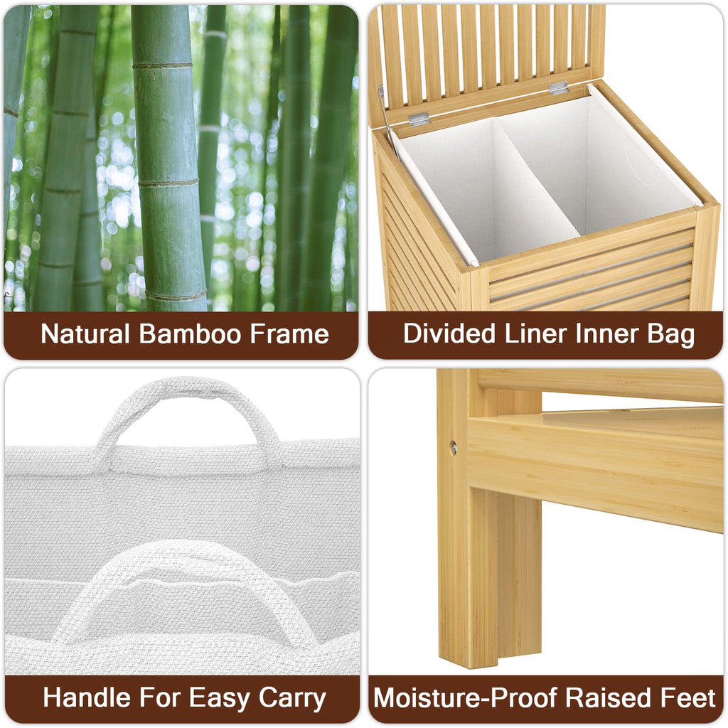 Homykic Bamboo Laundry Hamper with Lid, 120L Large Clothes Laundry Sorter with Removable 2-Section Liner Bag, Raised Laundry Basket Organizer for Clothing, Bathroom, Bedroom, Laundry Room, Black