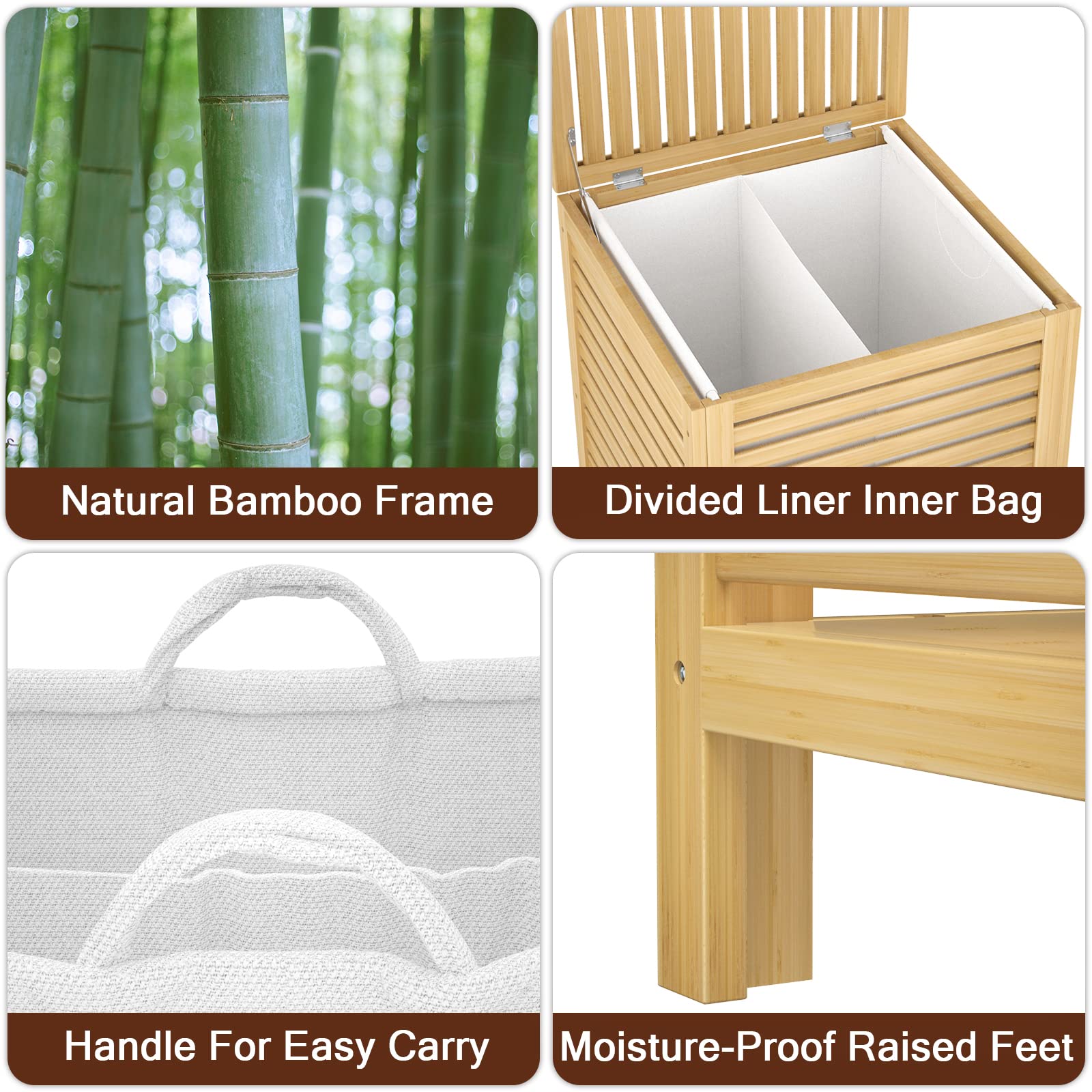 Homykic Bamboo Laundry Hamper with Lid, 120L Large Clothes Laundry Sorter with Removable 2-Section Liner Bag, Raised Laundry Basket Organizer for Clothing, Bathroom, Bedroom, Laundry Room, Black