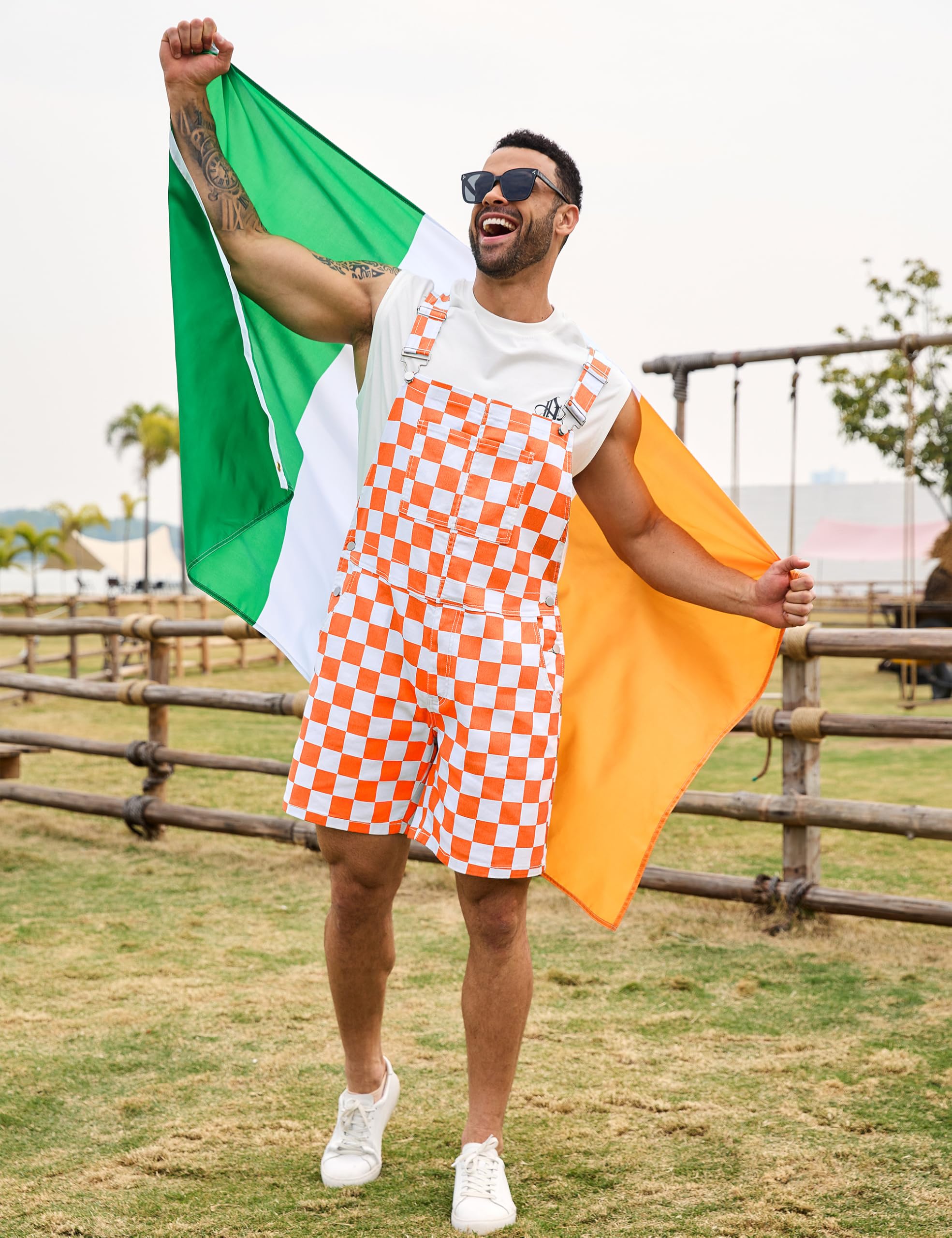 Odefou Checkered Bib Overalls for Men Jumpsuit Shorts Work Coveralls