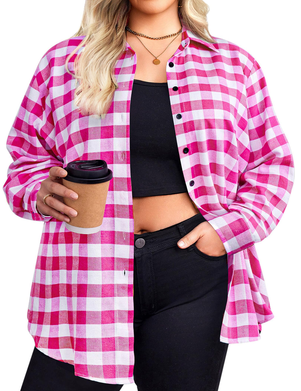 Zeagoo Womens Plus Size Flannel Shirts Plaid Shirts Long Sleeves Casual Button Down Collared Shacket Tops