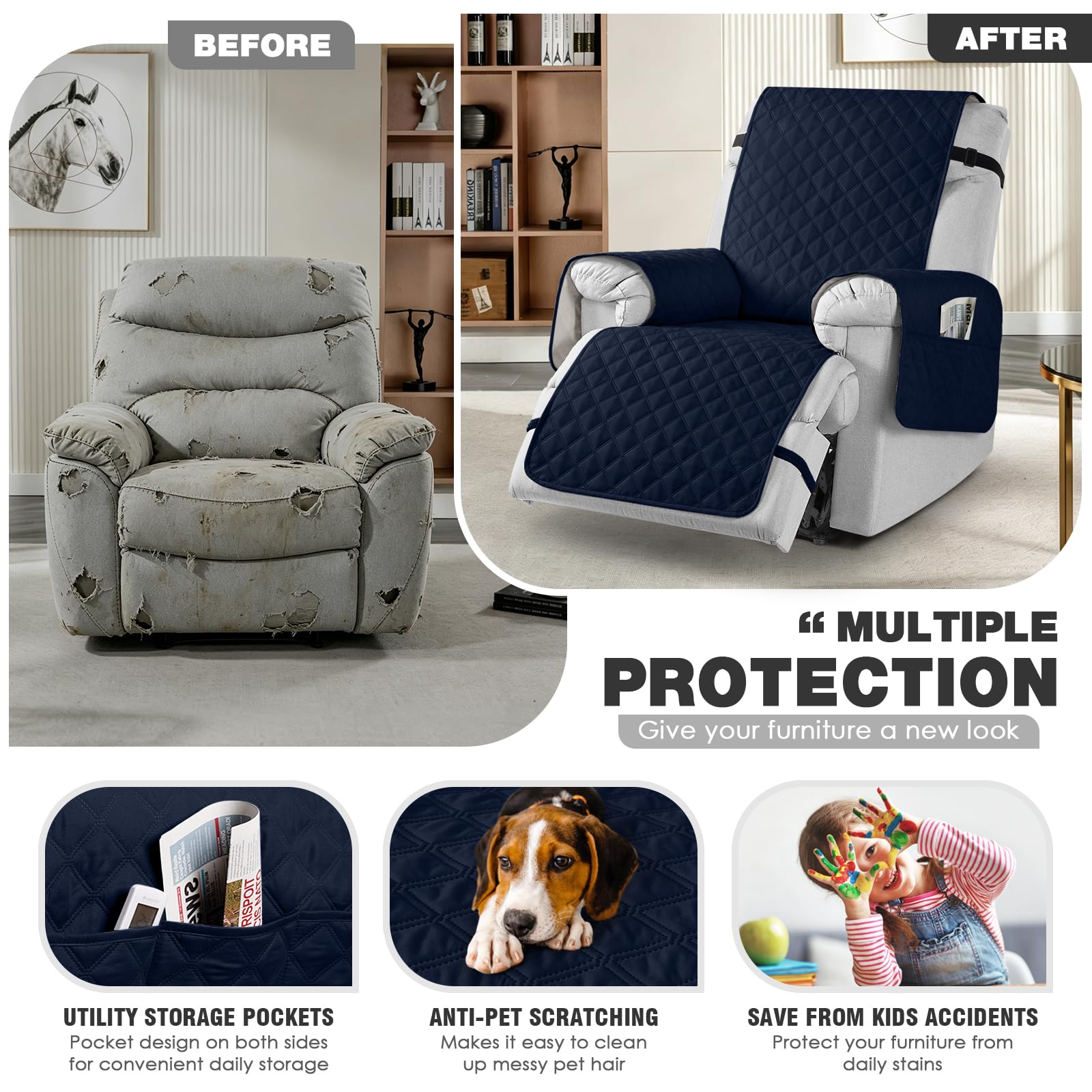 TAOCOCO 100% Waterproof Recliner Chair Covers, Reversible Recliner Covers with Leg Straps, Washable Recliner Sofa Covers for Reclining Chair Furniture Dog Protector with Pocket (Black, 23.6'')