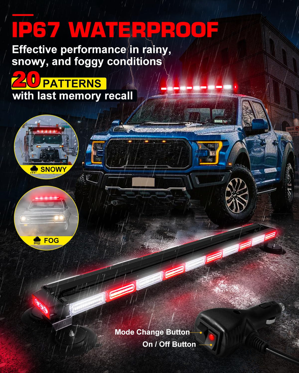 42" Roof Top Strobe Light Bar Amber White Emergency Traffic Advisor Lights, Double Side Warning Safety Flashing w/Magnetic Mount for Construction Vehicles Plow Trucks Pickup, Amber/White