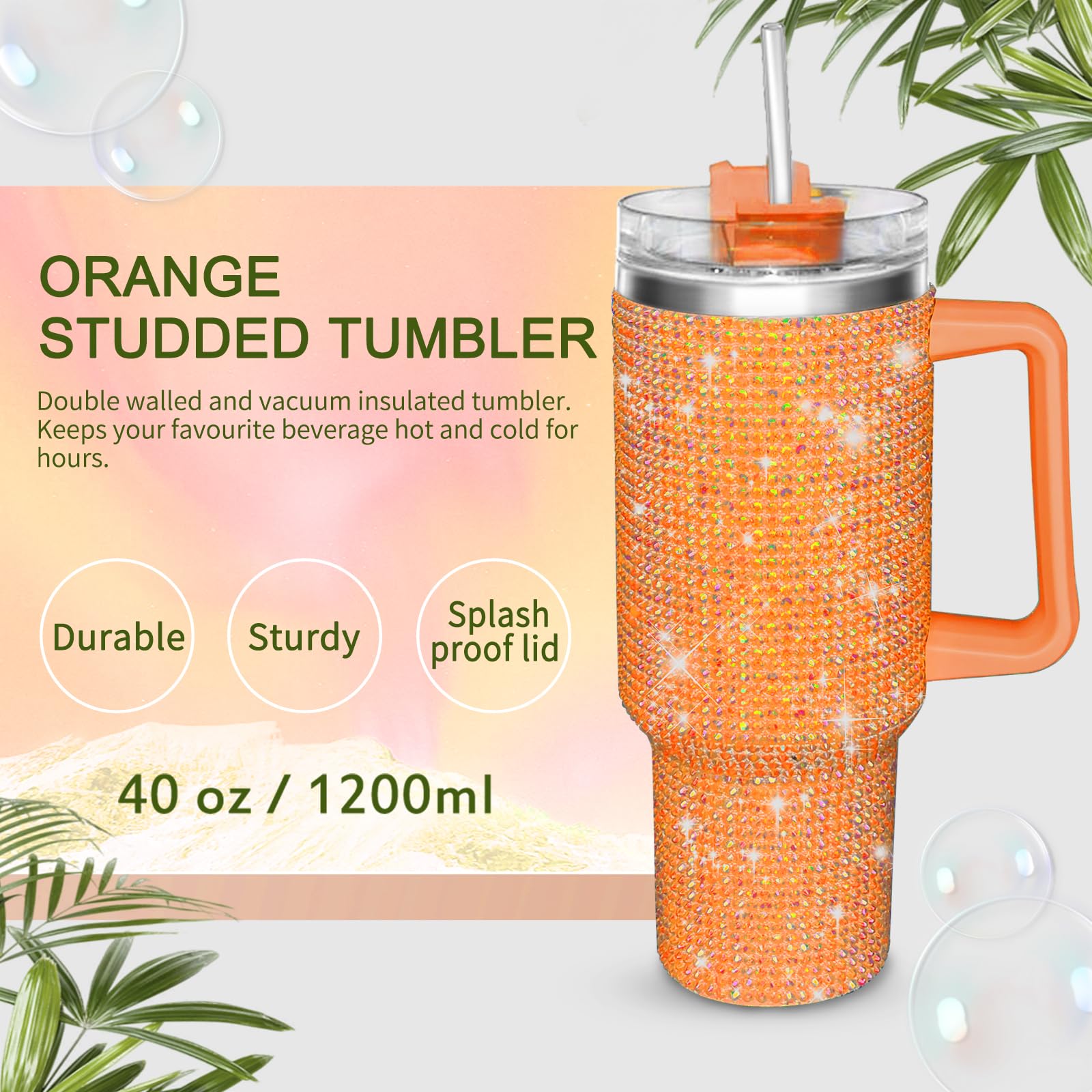HWISDMIG 40oz Tumbler with Handle-Glitter Rhinestones Tumbler Bling Cups Stainless Steel Water Bottle Diamond Studded Tumbler for Women-Birthday Gifts for Women, Mom, Girlfriend (Amethyst)