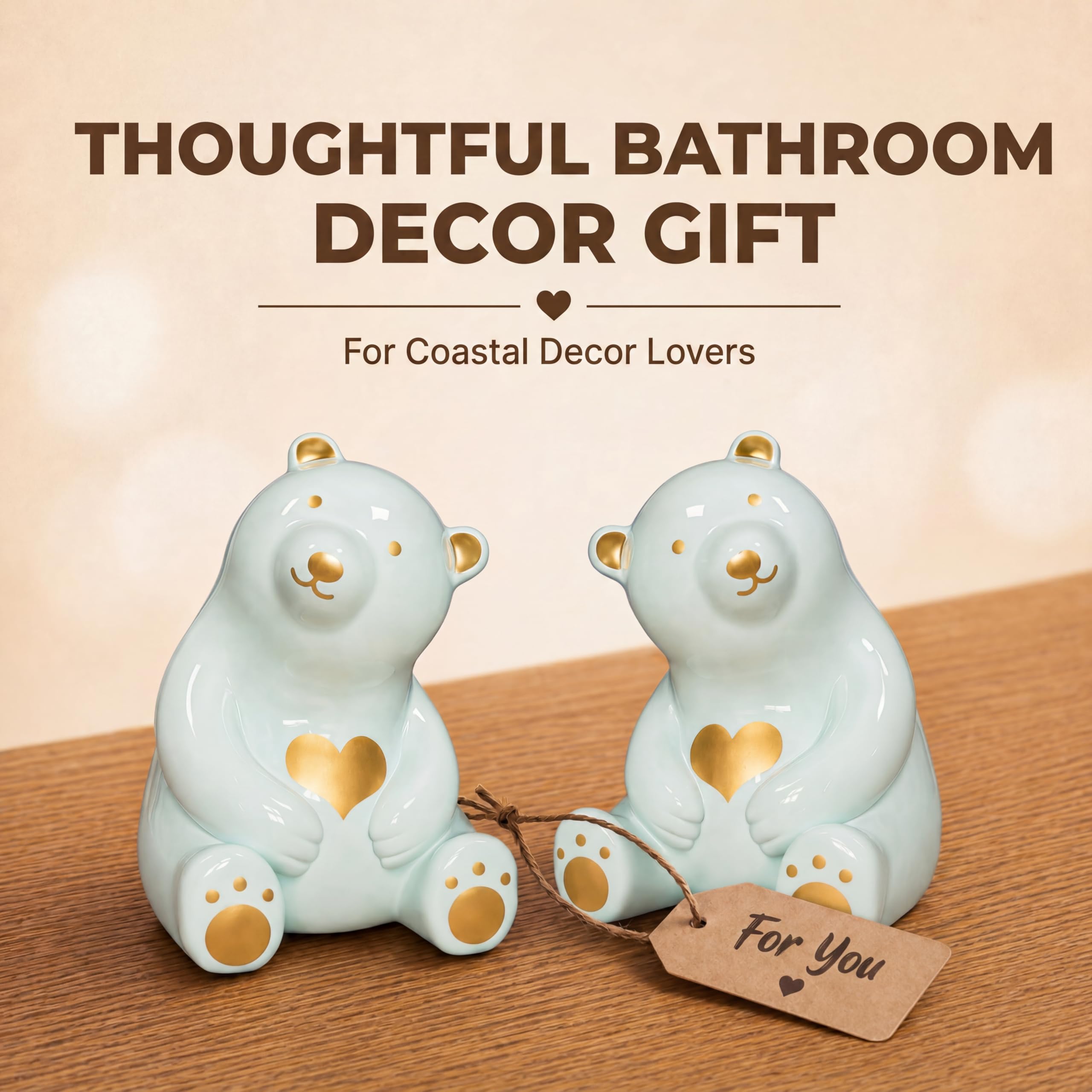 MENNTY Black Polar Bear Toilet Bolt Covers Decorative - 2 Glossy Black Ceramic Toilet Bolt Caps + 4 Universal Toilet Caps for Bottom of Toilet, Modern Monochrome Bathroom Decor