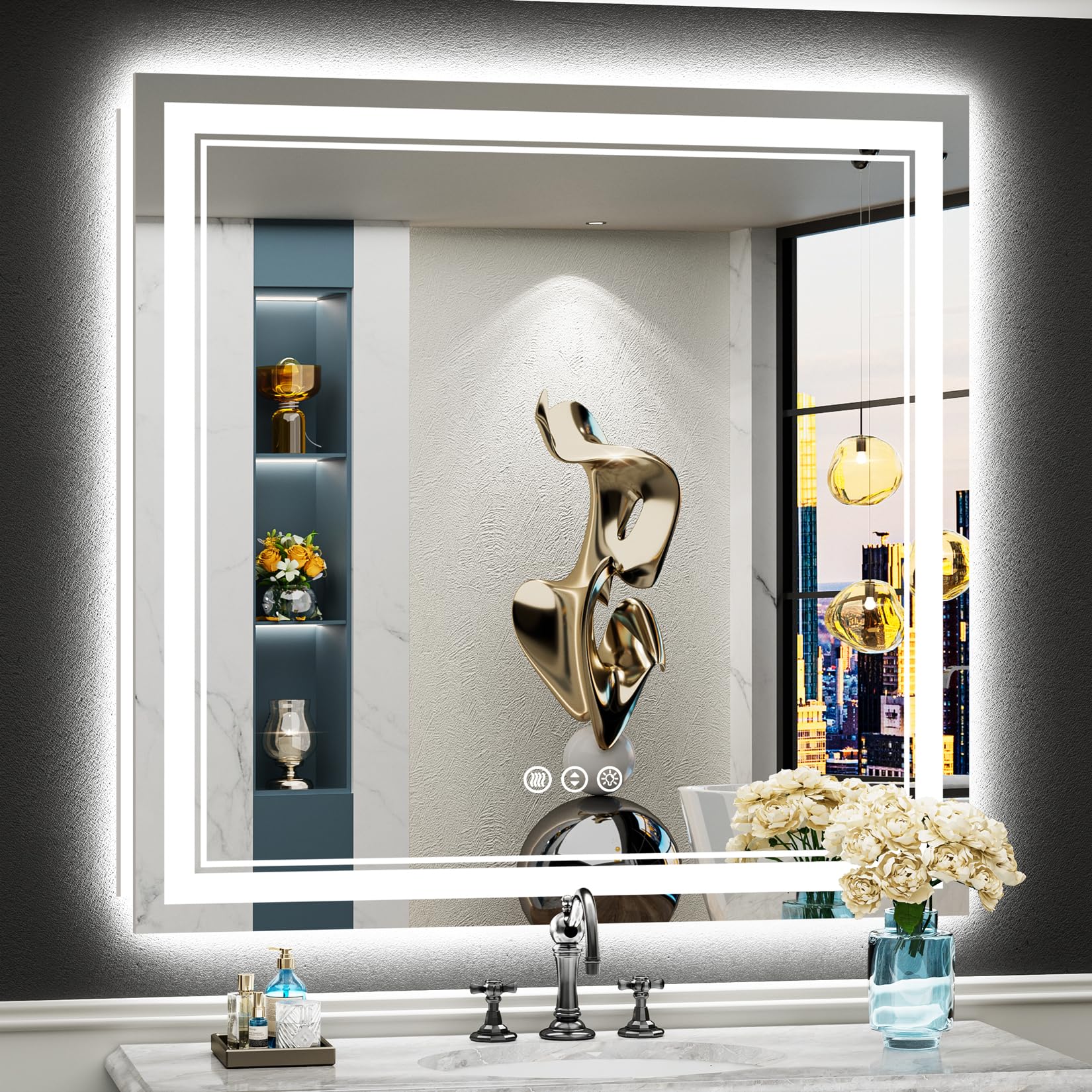 24x32 Black Framed LED Bathroom Mirror with Lights, Backlit and Front Lit Anti-Fog Lighted Vanity Mirrors for Bathroom Wall, Dimmable, 3 Colors, Memory, HD Tempered Glass, Horizontal/Vertical