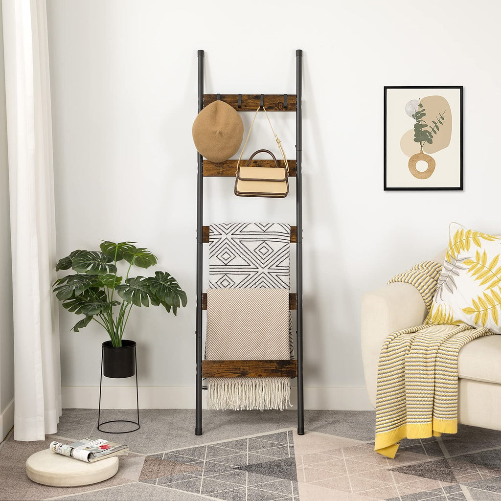 HOOBRO Blanket Ladder, 5-Tier Towel Rack with Hooks, Wall-Leaning Blanket Rack, Decorative Display Ladder Shelf, Scarves, Industrial, Living Room, Bedroom, Black BB52CJ01