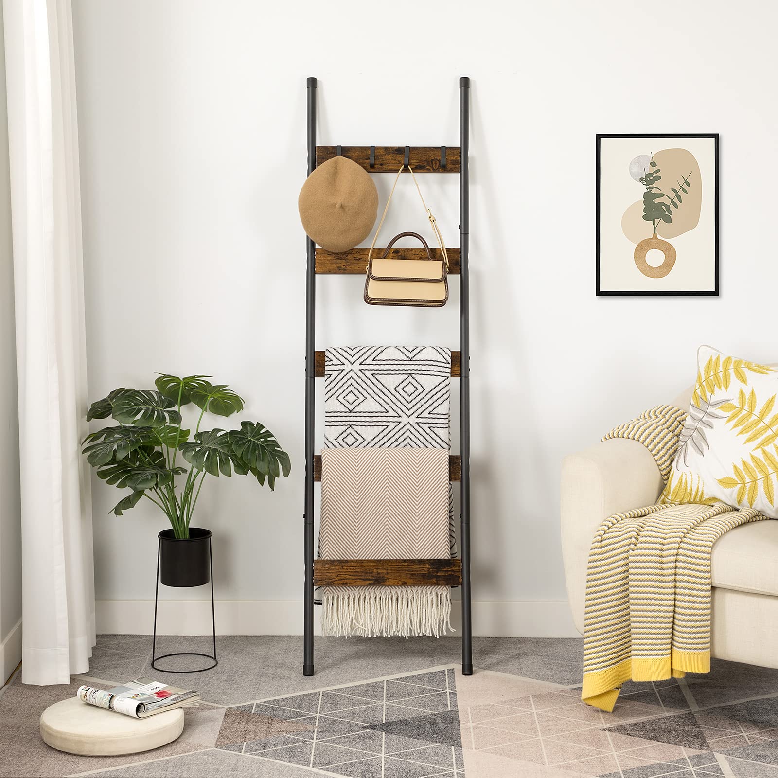 HOOBRO Blanket Ladder, 5-Tier Towel Rack with Hooks, Wall-Leaning Blanket Rack, Decorative Display Ladder Shelf, Scarves, Industrial, Living Room, Bedroom, Black BB52CJ01