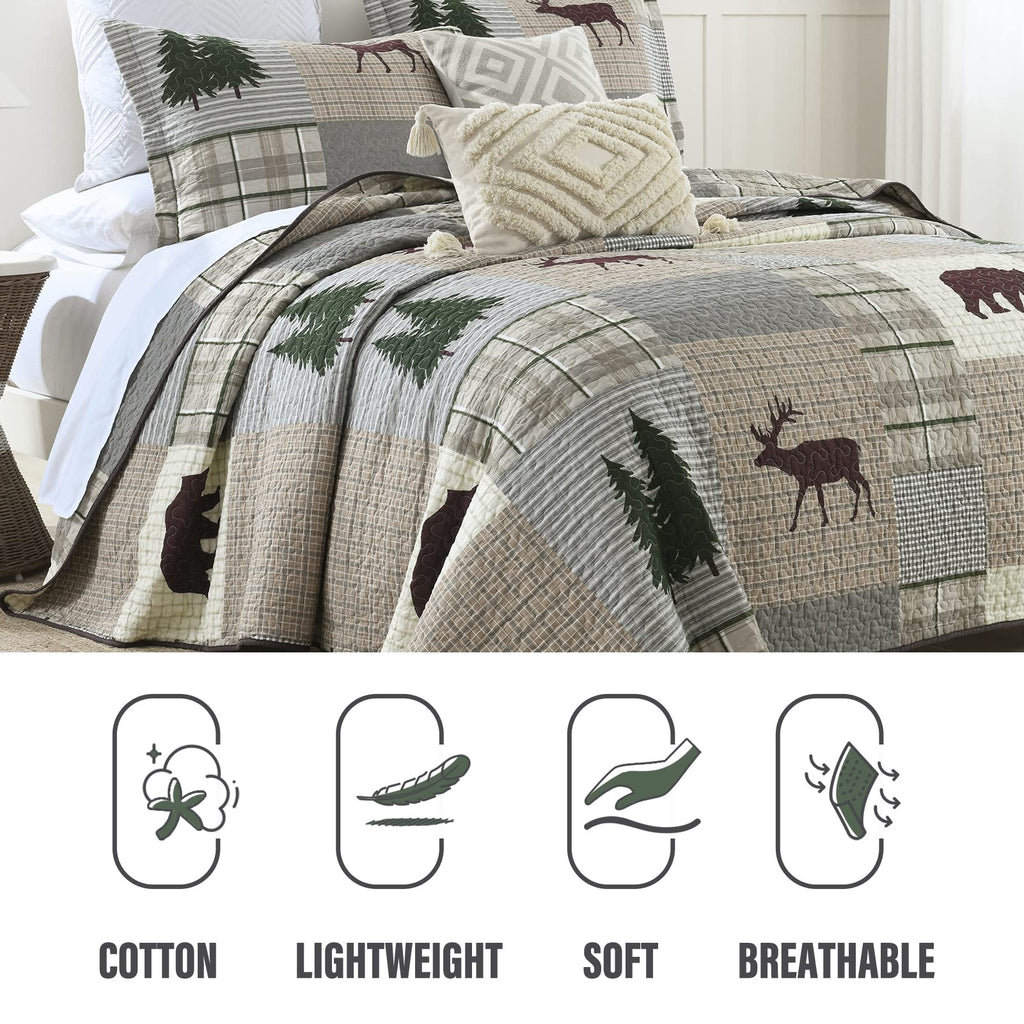 Y-PLWOMEN 100% Cotton Farmhouse Plaid Lightweight 3-Pieces Quilt Set (Blue Brown, Queen90 * 98 Inch)
