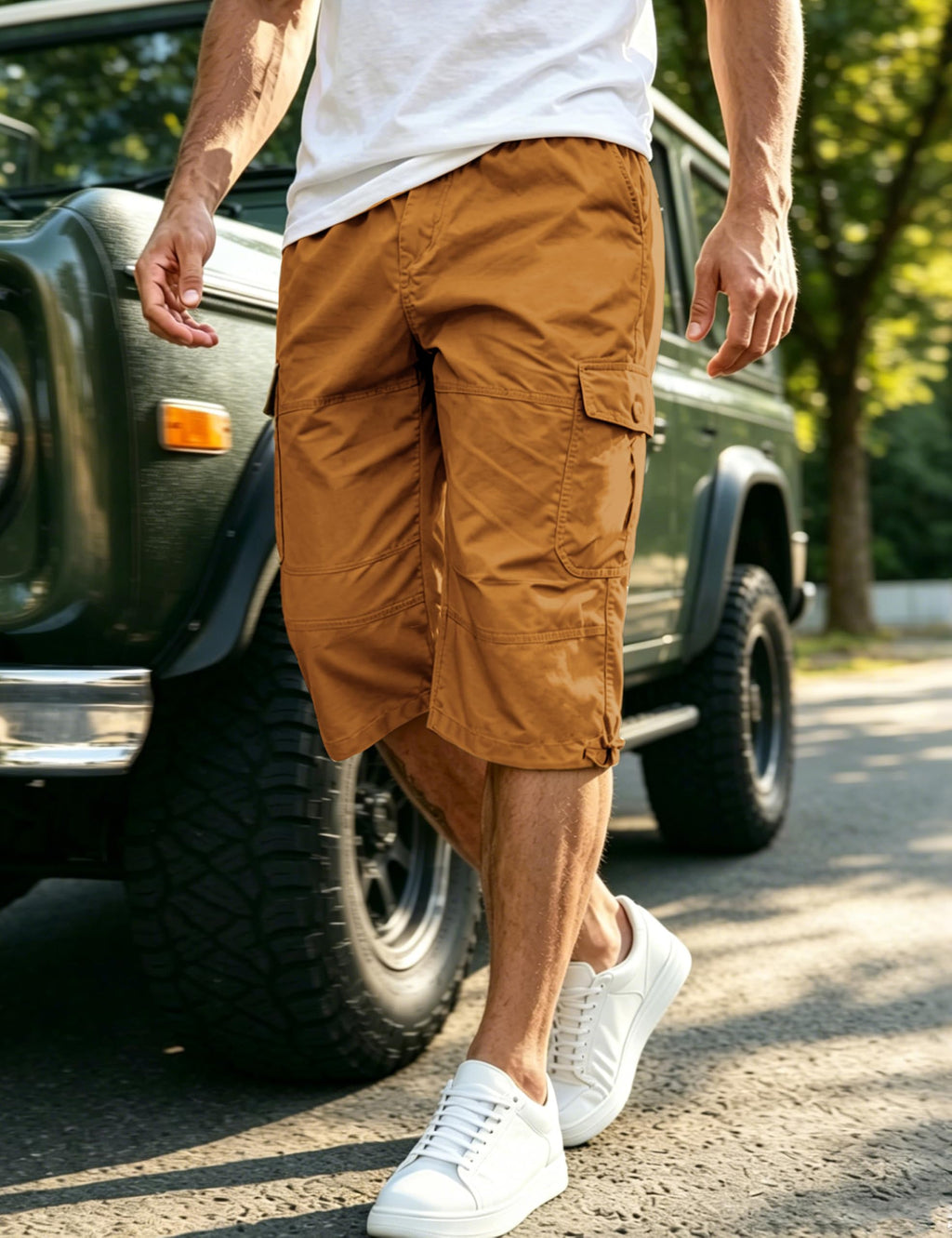EKLENTSON Men's Cargo Shorts Casual Twill Elastic 3/4 Capri Pants Below Knee Long Shorts with 7 Pockets