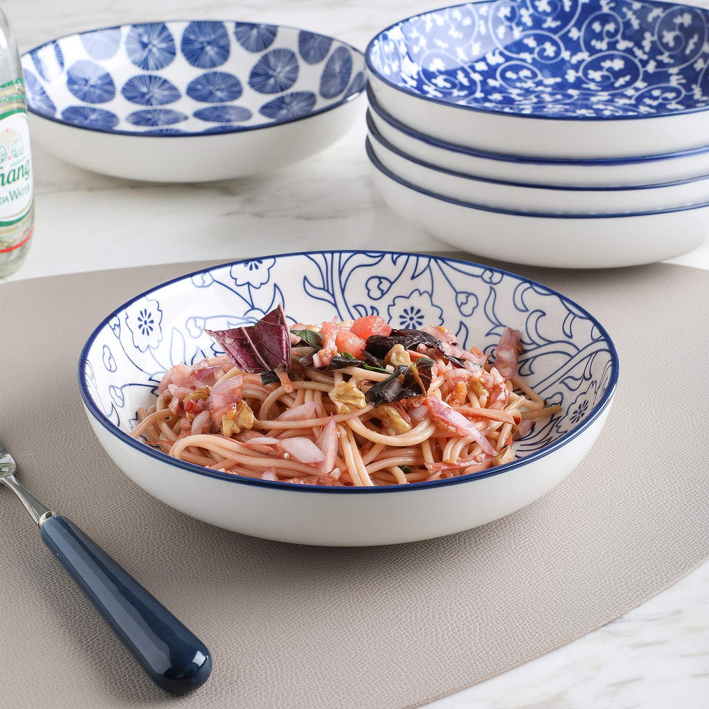 Selamica Ceramic 7.8 inch pasta bowls, 26 Ounce large serving porcelain salad soup bowls, dishwasher microwave safe, set of 6 (Black)