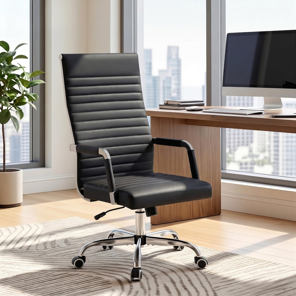 Furmax Ribbed Office Chair High Back PU Leather Executive Conference Chair Adjustable Swivel Chair with Arms (Bicolor Retro Brown)