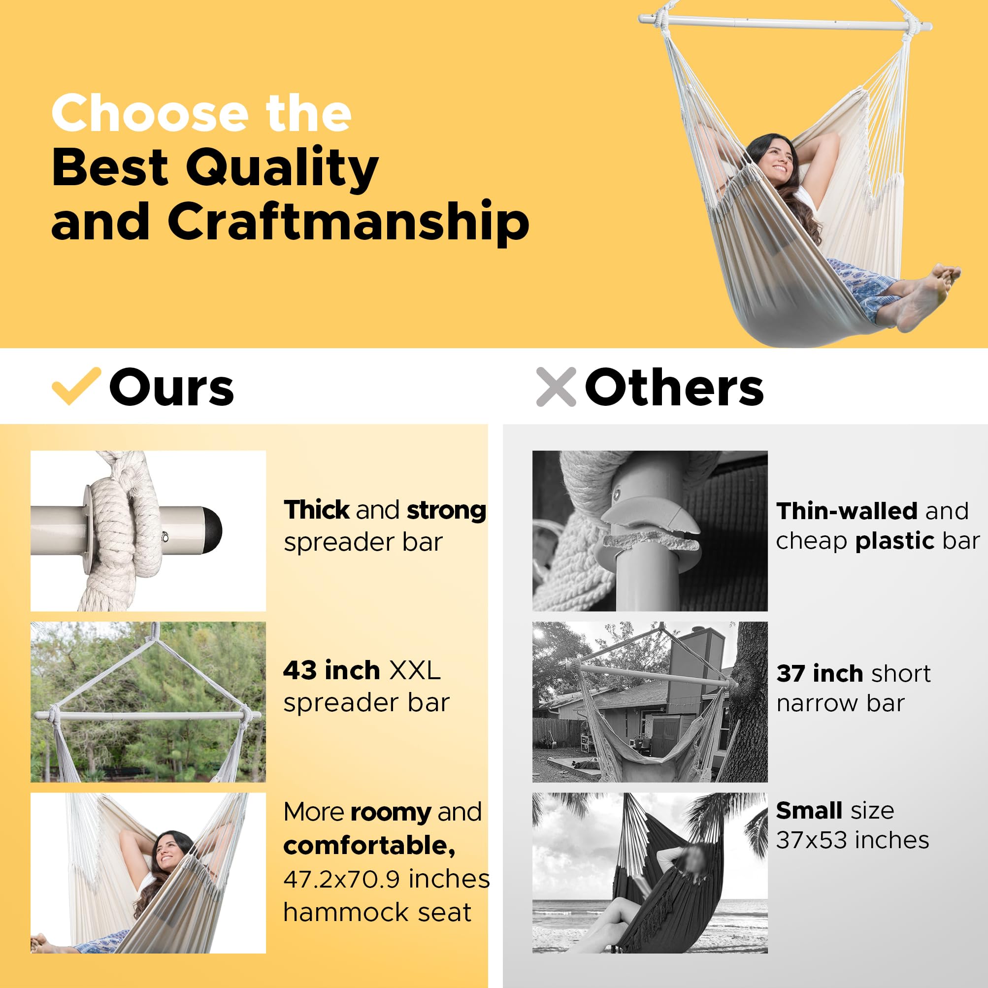 ADVOKAIR Hammock Chair Large 70.9"x47.2", 32% Bigger XXL Hanging Swing Chair with 500lbs Capacity, Heavy Duty Steel Spreader Bar, Extra Roomy Comfort for Adult Indoor Outdoor Bedroom Patio