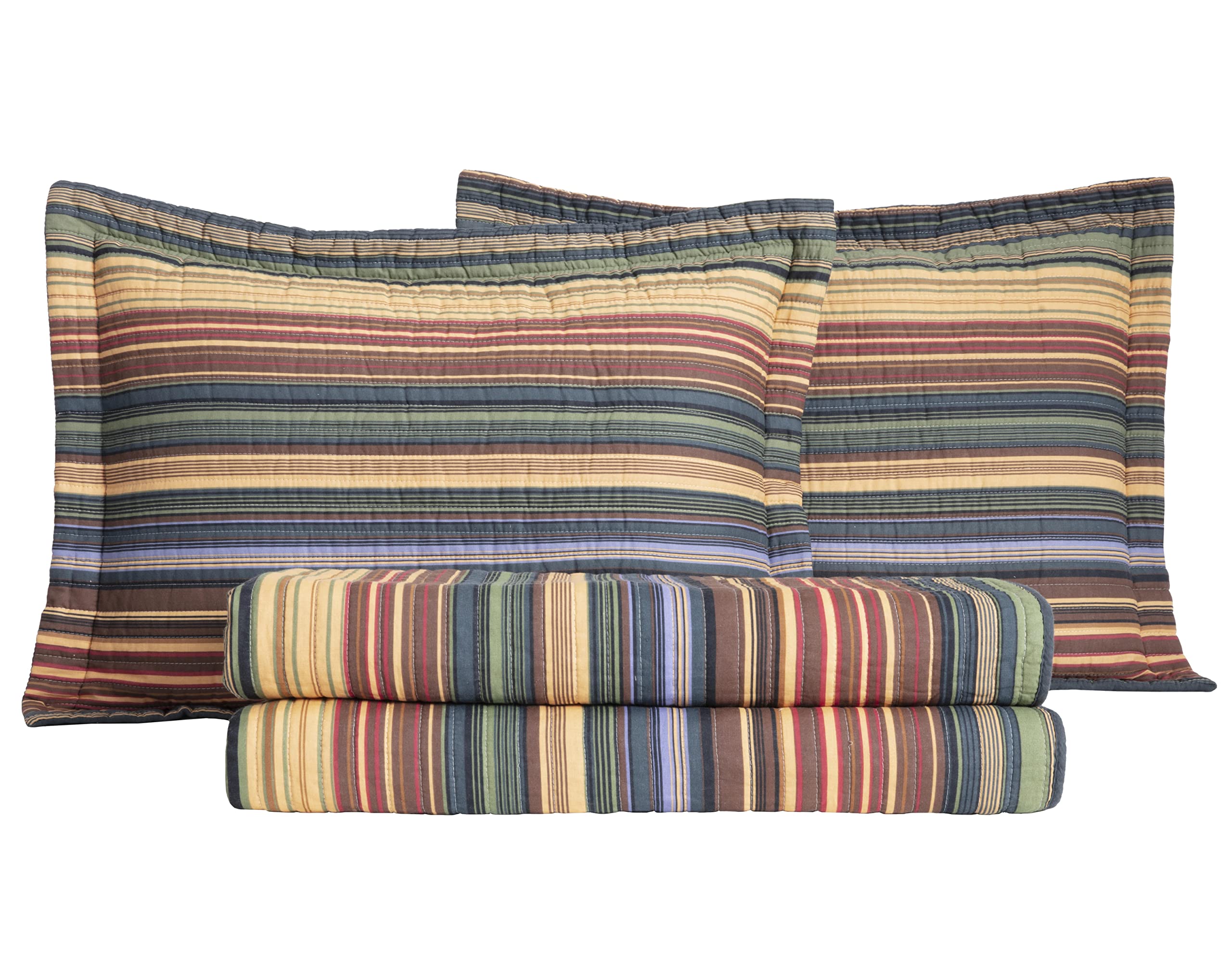 Chezmoi Collection Avery Striped Cotton Quilt Set Twin Size, 2-Piece Soft Pre-Washed 100% Cotton Quilt, Multi-Color Brown