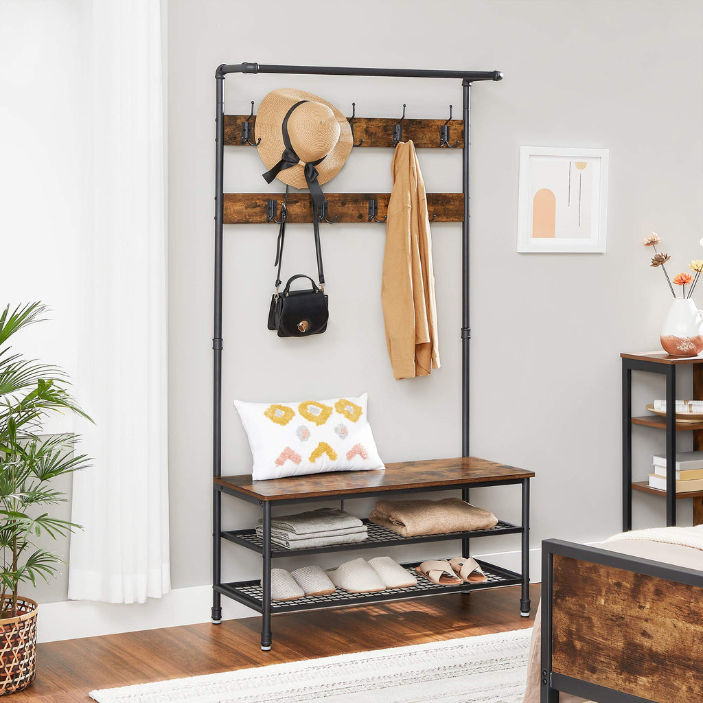 VASAGLE Shoe Bench Rack, 3-Tier Storage Shelf for Entryway Hallway Living Room, Industrial Accent Furniture with Steel Frame, 12.6 x 31.5 x 70.3 Inches, Greige