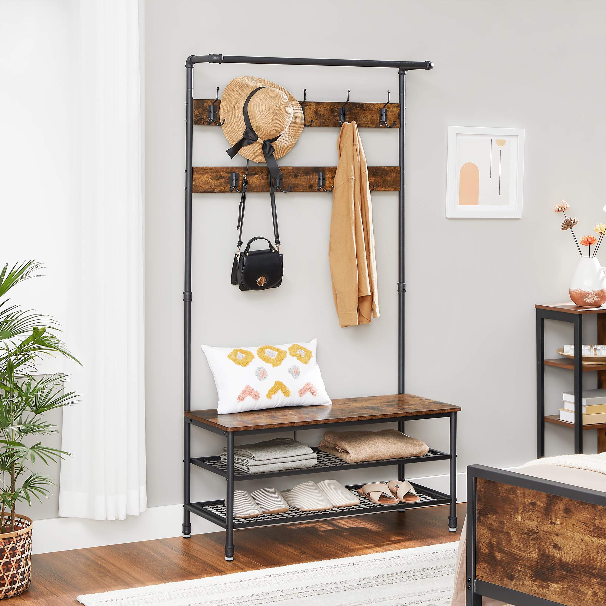 VASAGLE Shoe Bench Rack, 3-Tier Storage Shelf for Entryway Hallway Living Room, Industrial Accent Furniture with Steel Frame, 12.6 x 31.5 x 70.3 Inches, Greige