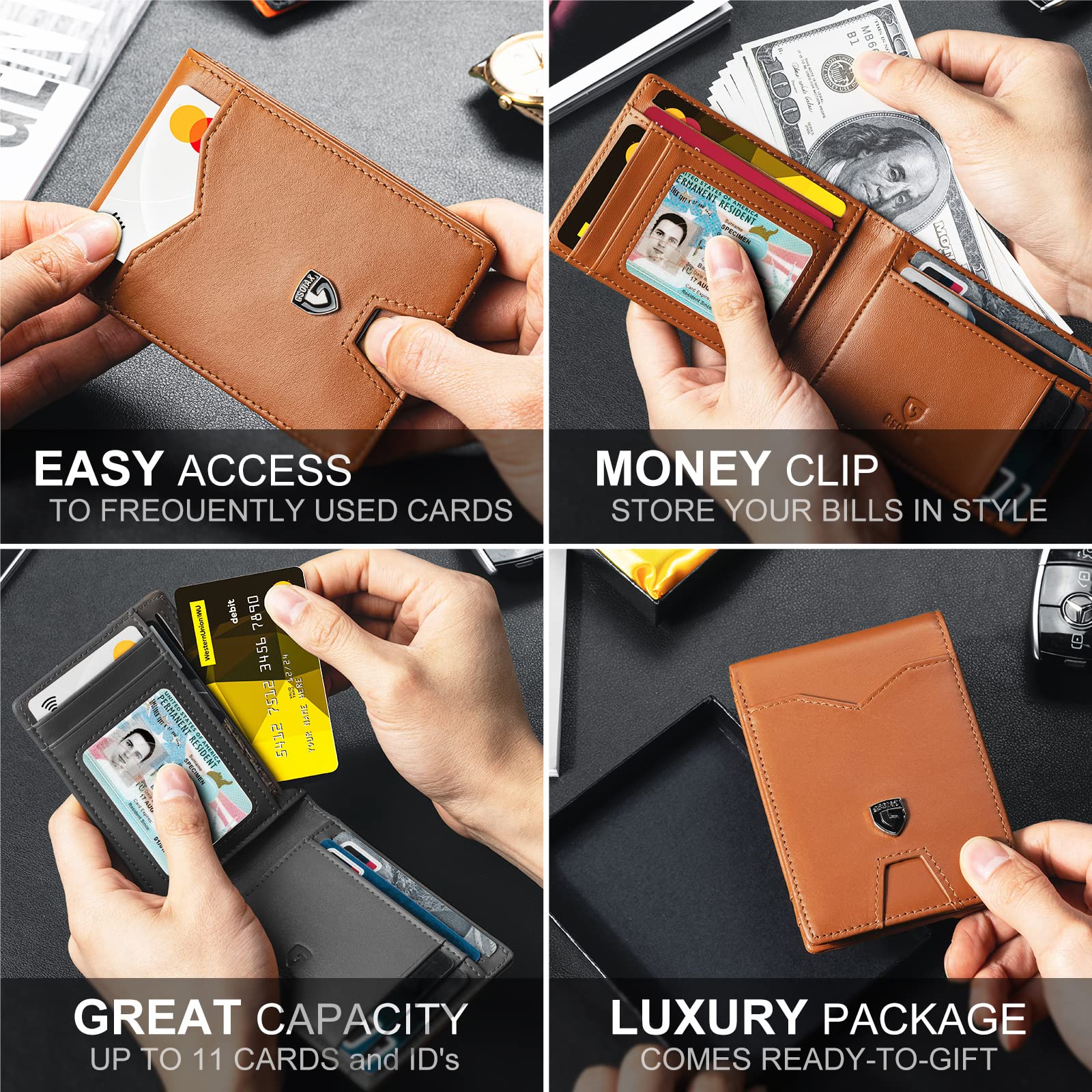 GSOIAX Slim Wallet for Men Rfid Blocking Leather Bifold Front Pocket Carbon Fiber Men's Money Clips Credit Card Holder With Gift Box
