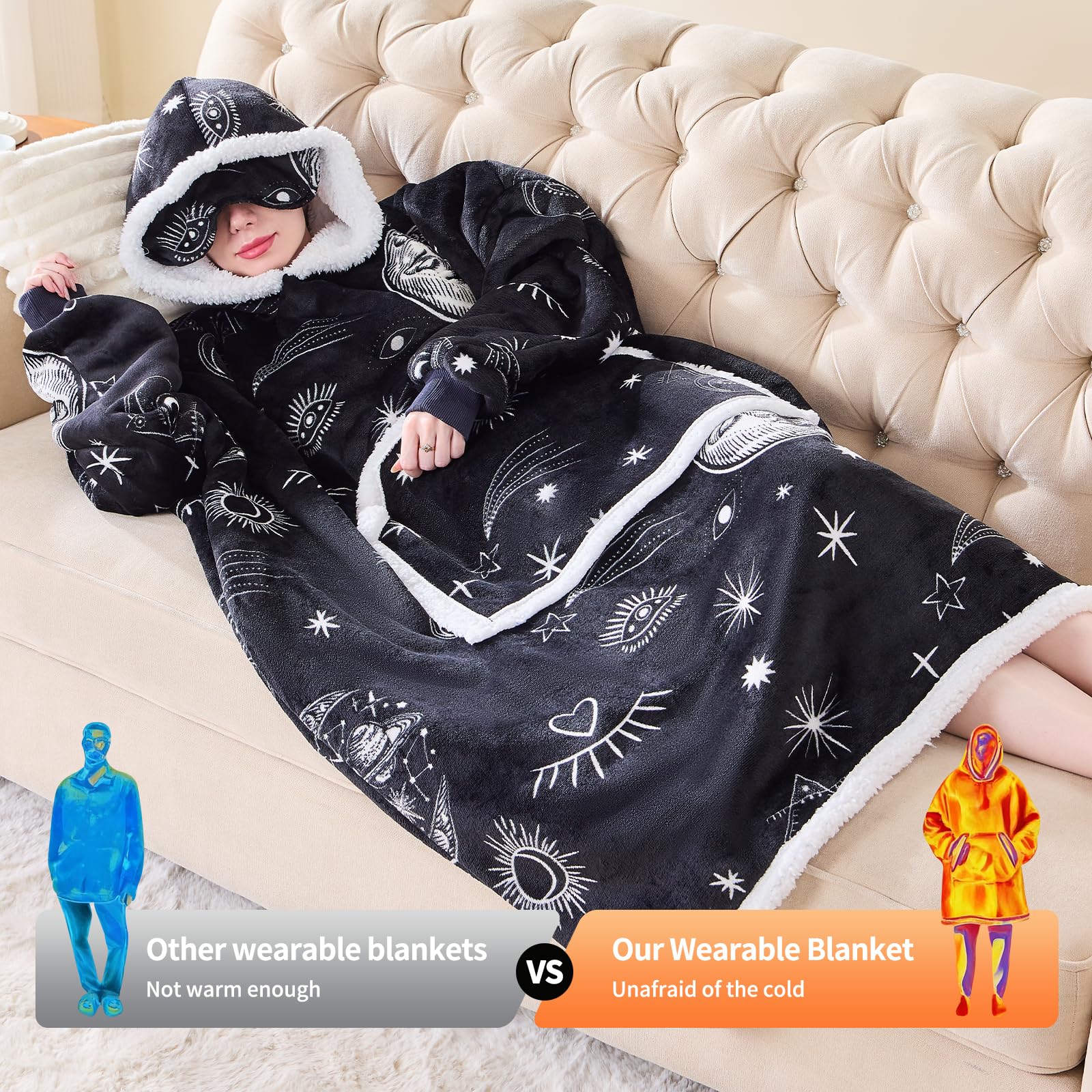 IFNOW Wearable Blanket Hoodie, Oversized Sherpa Fleece Hooded Sweatshirt with Eye Mask, Cozy and Giant Blanket Hoodie with Sleeves Extra Long for Adults Men Women, Black