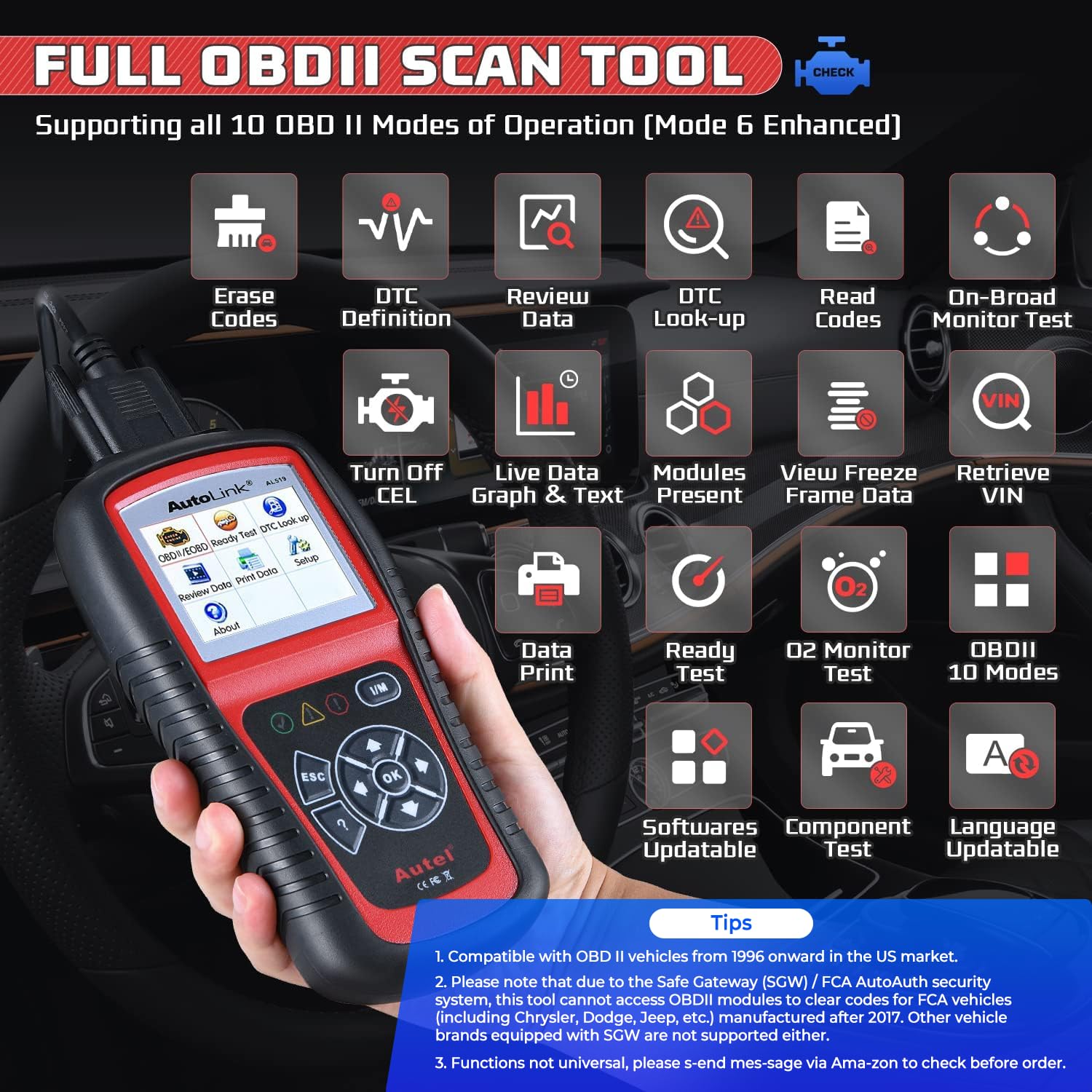 Autel MaxiLink ML519 Enhanced Mode 6 OBD2 Scanner Auto Diagnostic Scan Tool Check Engine Fault Code Reader CAN Scan Tool, Upgraded Ver. of AL319 Black